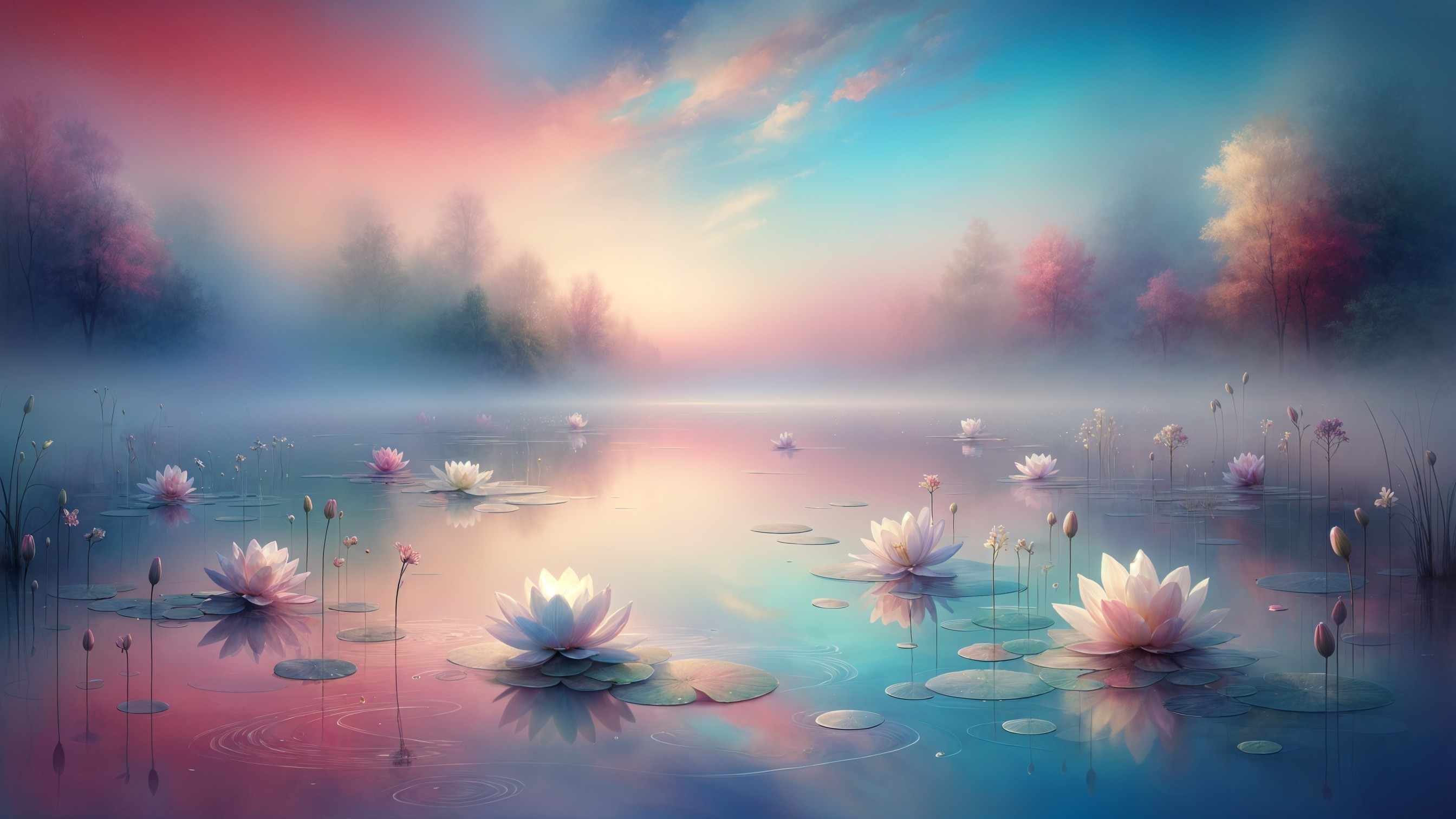 Serene Dawn Landscape with Tranquil Lake and Mist