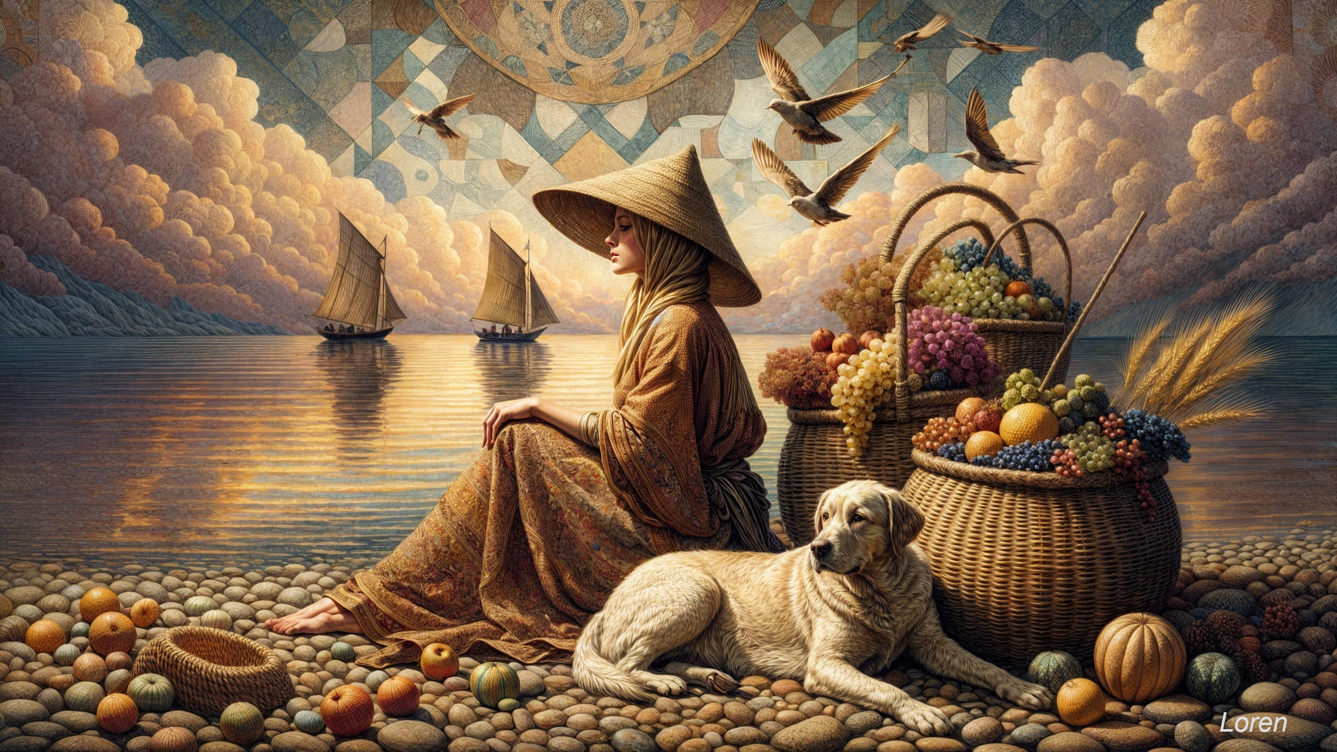 Woman by Water with Dog and Colorful Sky