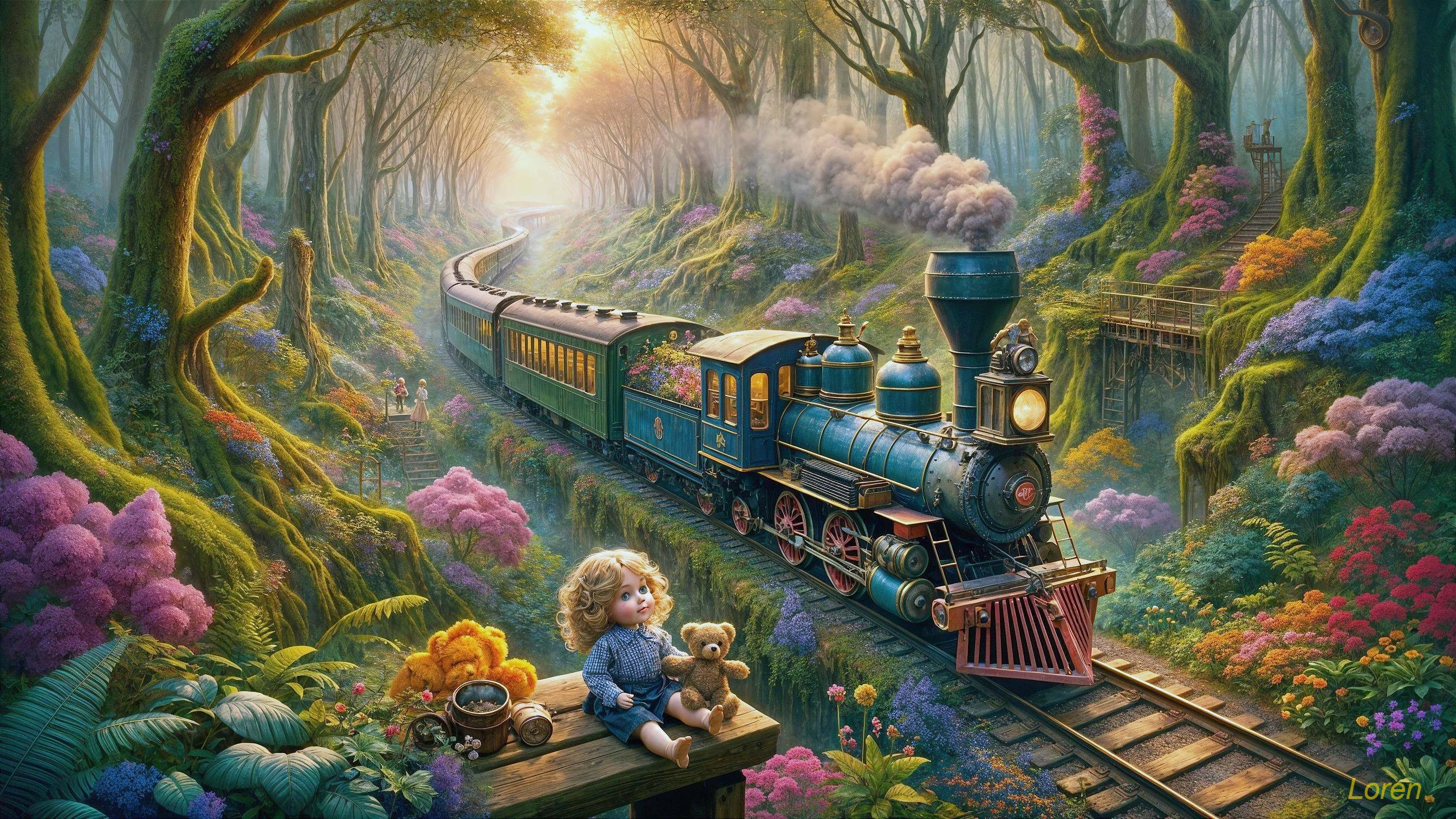 Vintage steam train in an enchanted forest scene