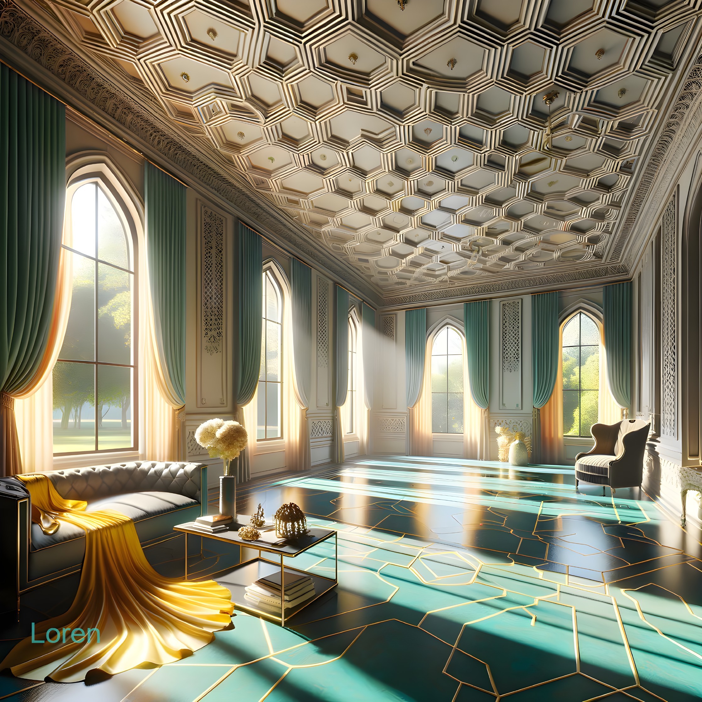 Luxurious Room with Honeycomb Ceilings and Arched Windows