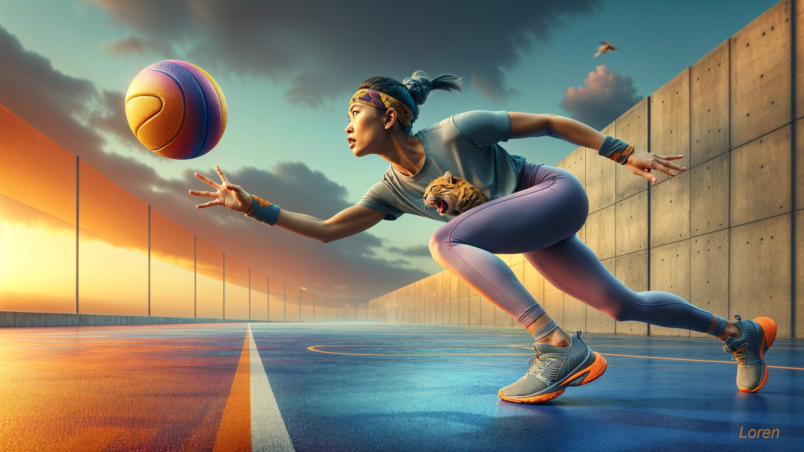 Young Woman in Athletic Gear Catching Basketball at Sunset