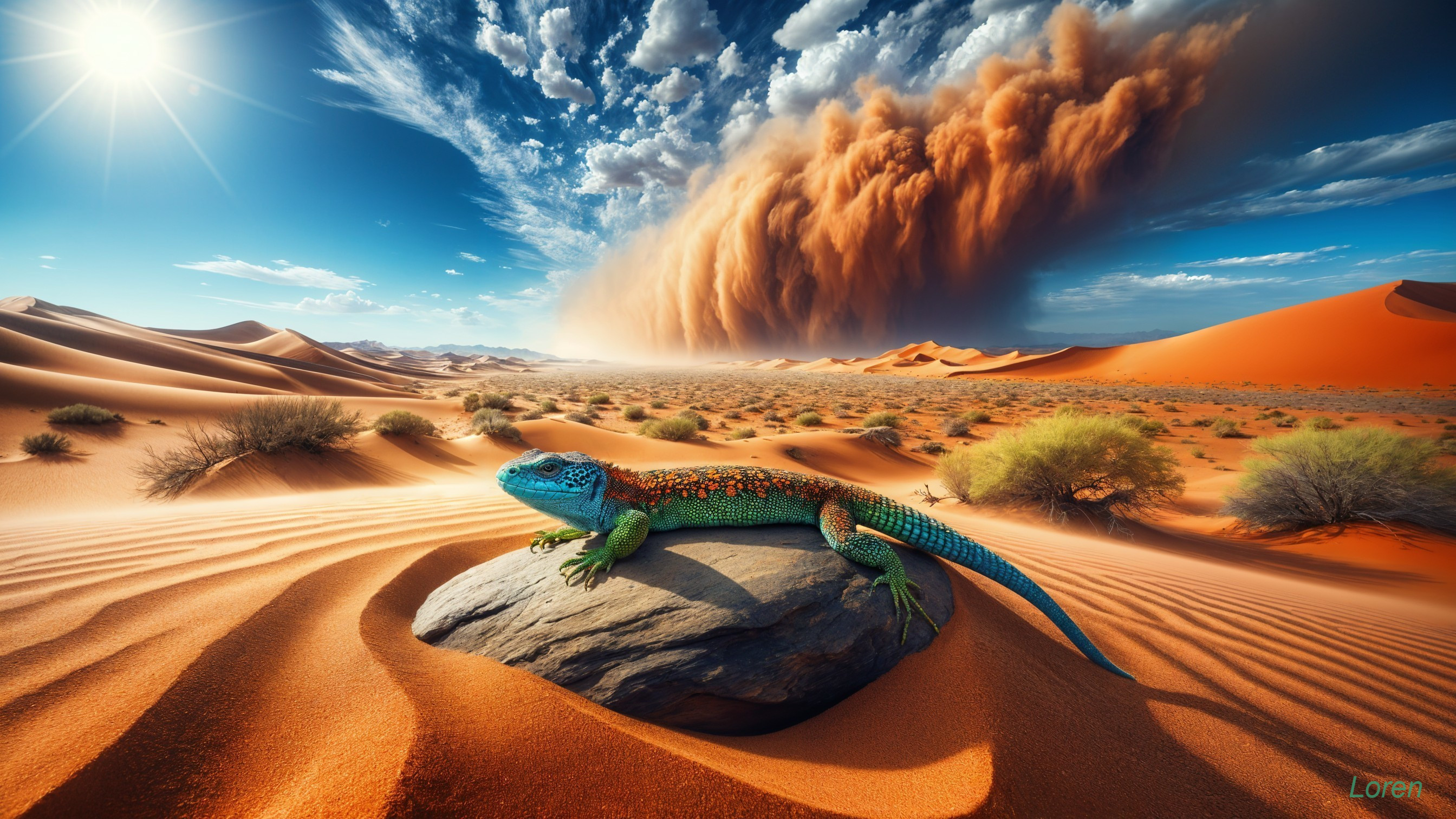 Vibrant Lizard on Rock Amidst Desert Landscape