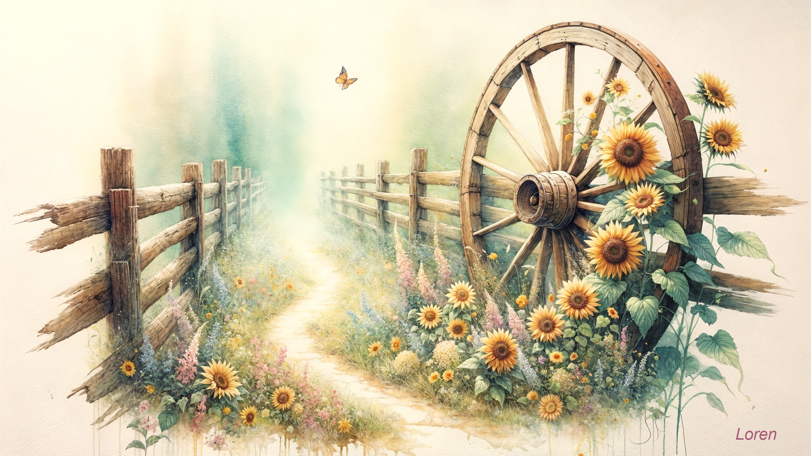 Serene Countryside Scene with Wildflowers and Mist