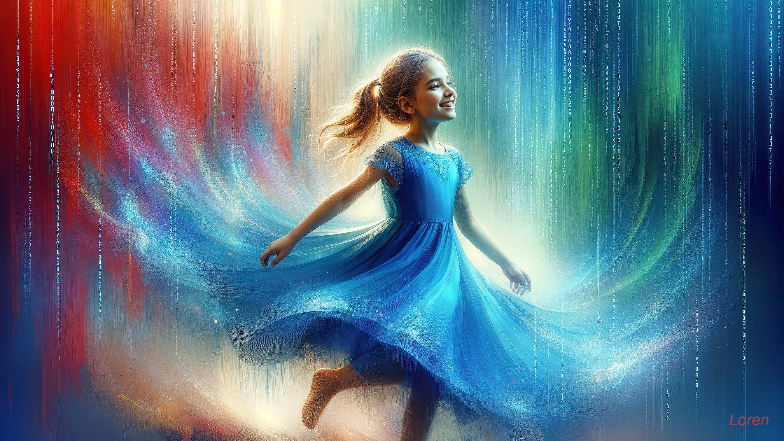 Young girl twirling in a vibrant blue dress