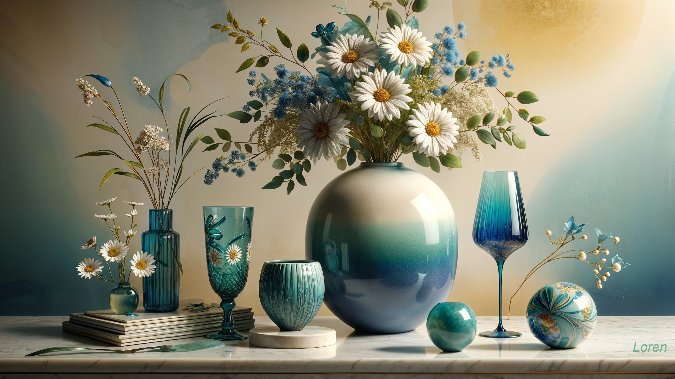 Serene Still Life with Blue Vases and Daisies