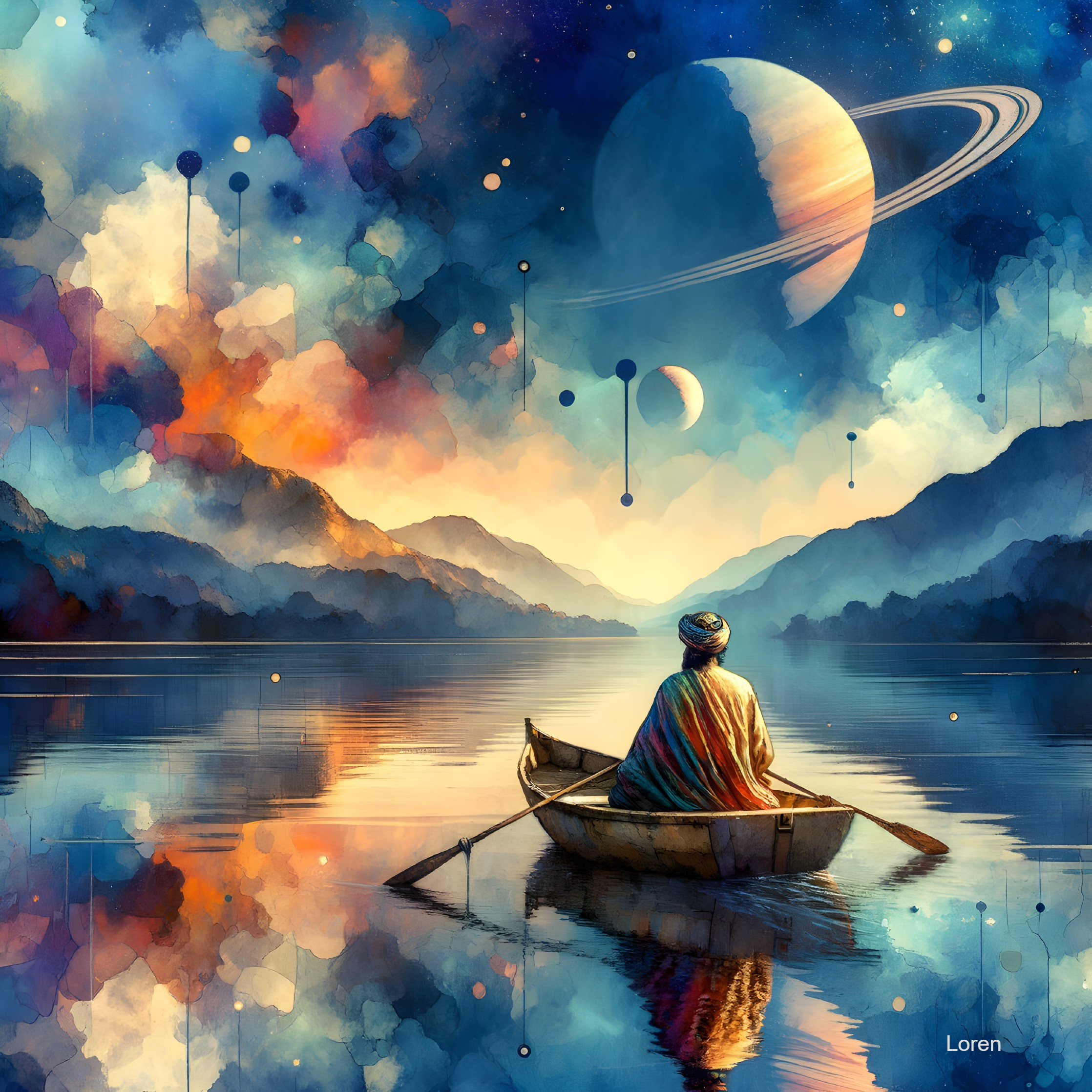 Solitary Figure on a Lake with Majestic Mountains