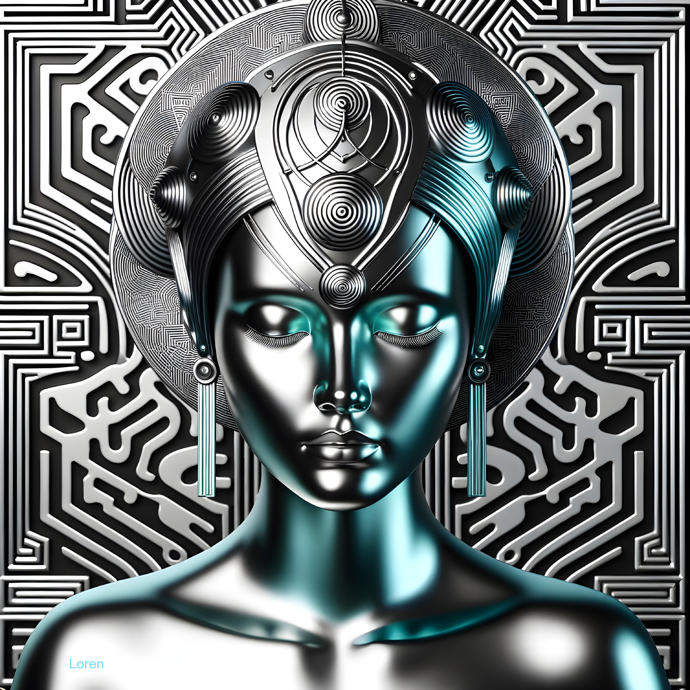 Metallic Humanoid Figure with Geometric Patterns