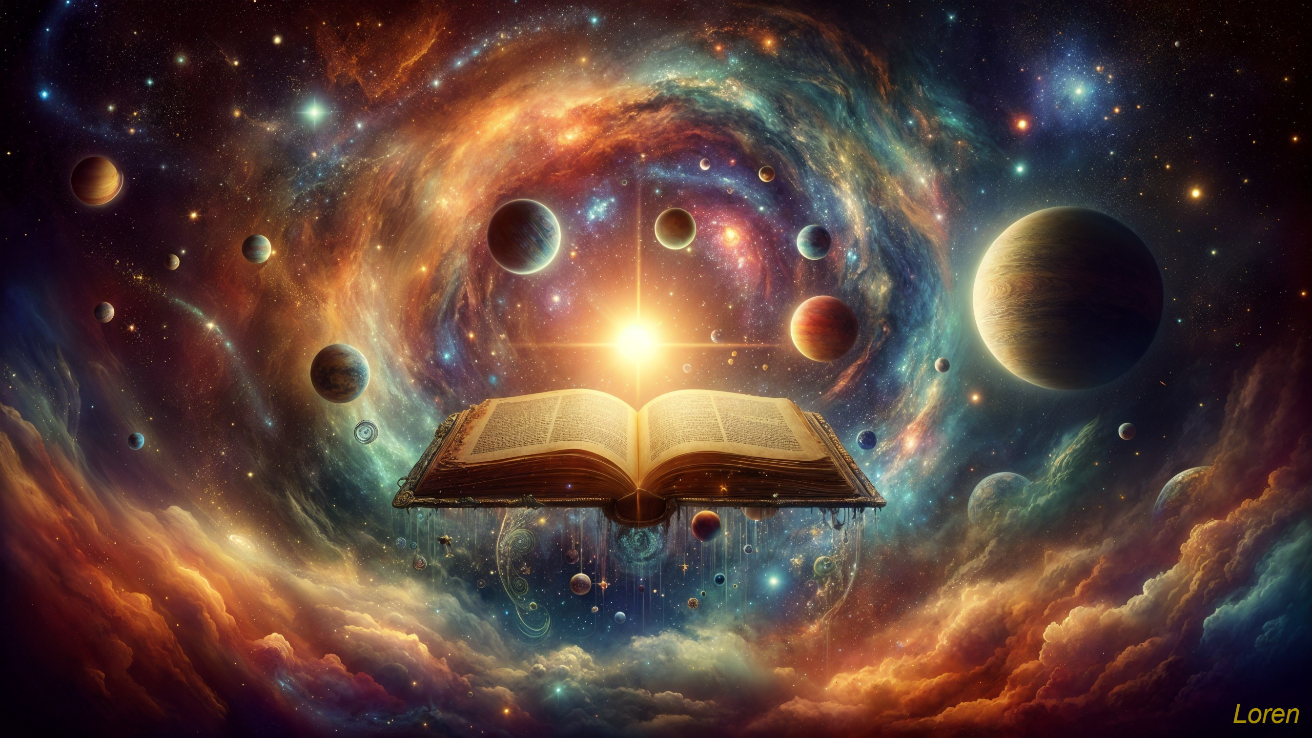 Floating Book in Cosmic Scene with Galaxies and Stars