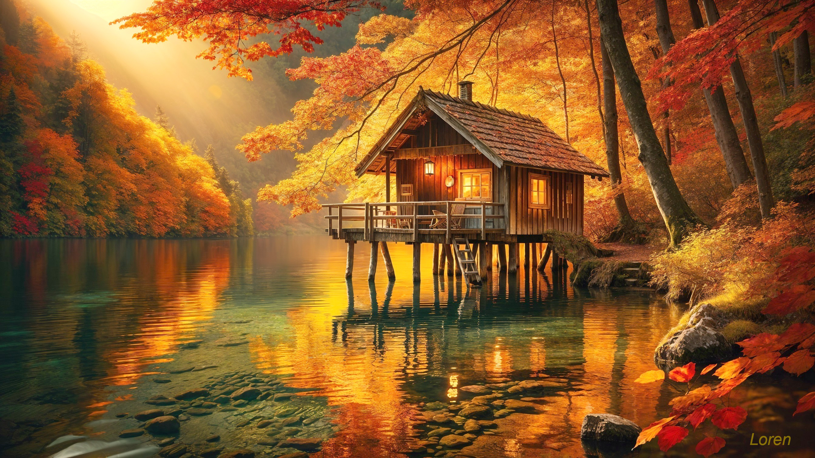 Wooden Cabin on Stilts by Tranquil Autumn Lake