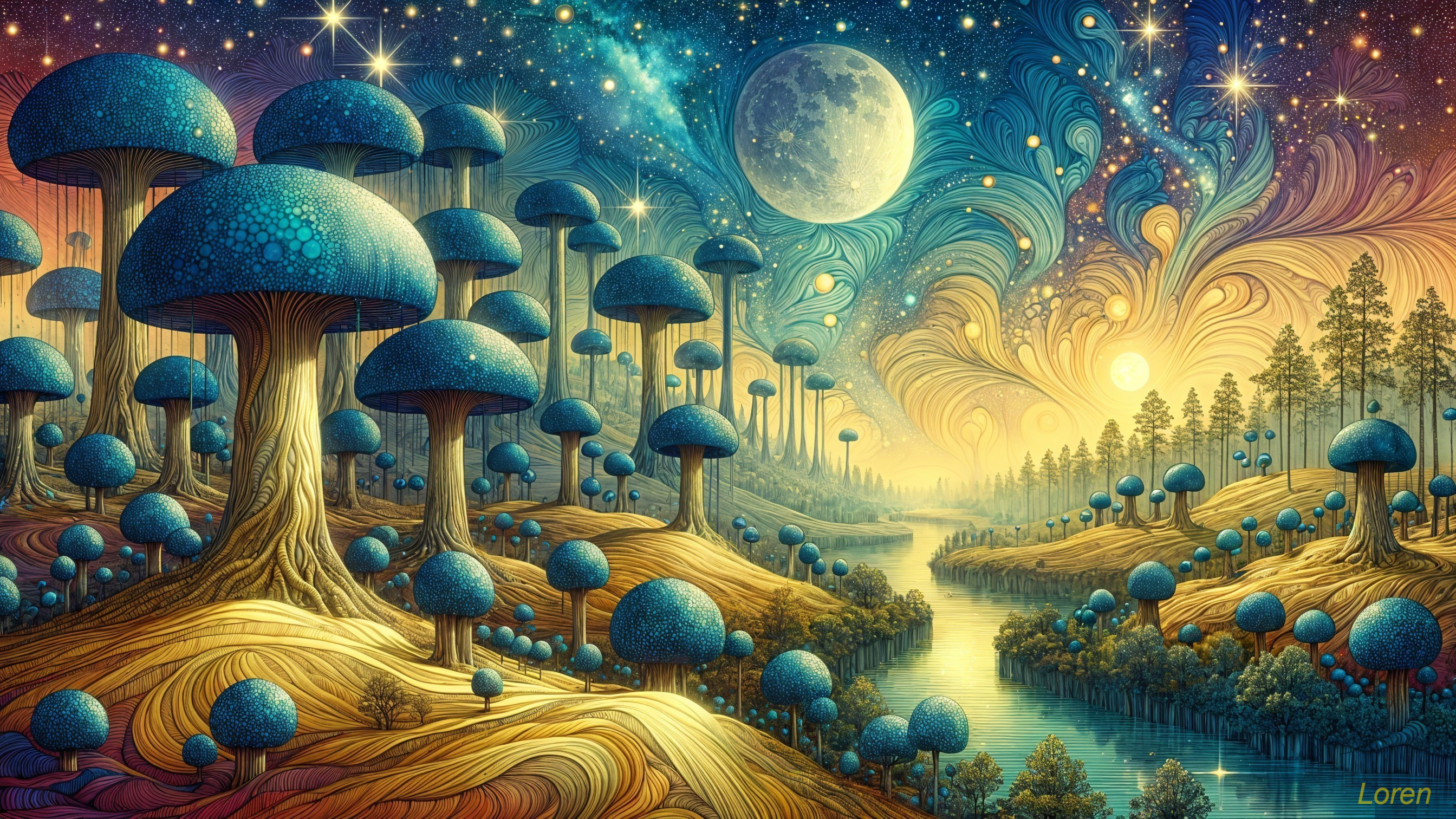 Surreal Landscape with Vibrant Blue Mushrooms and River