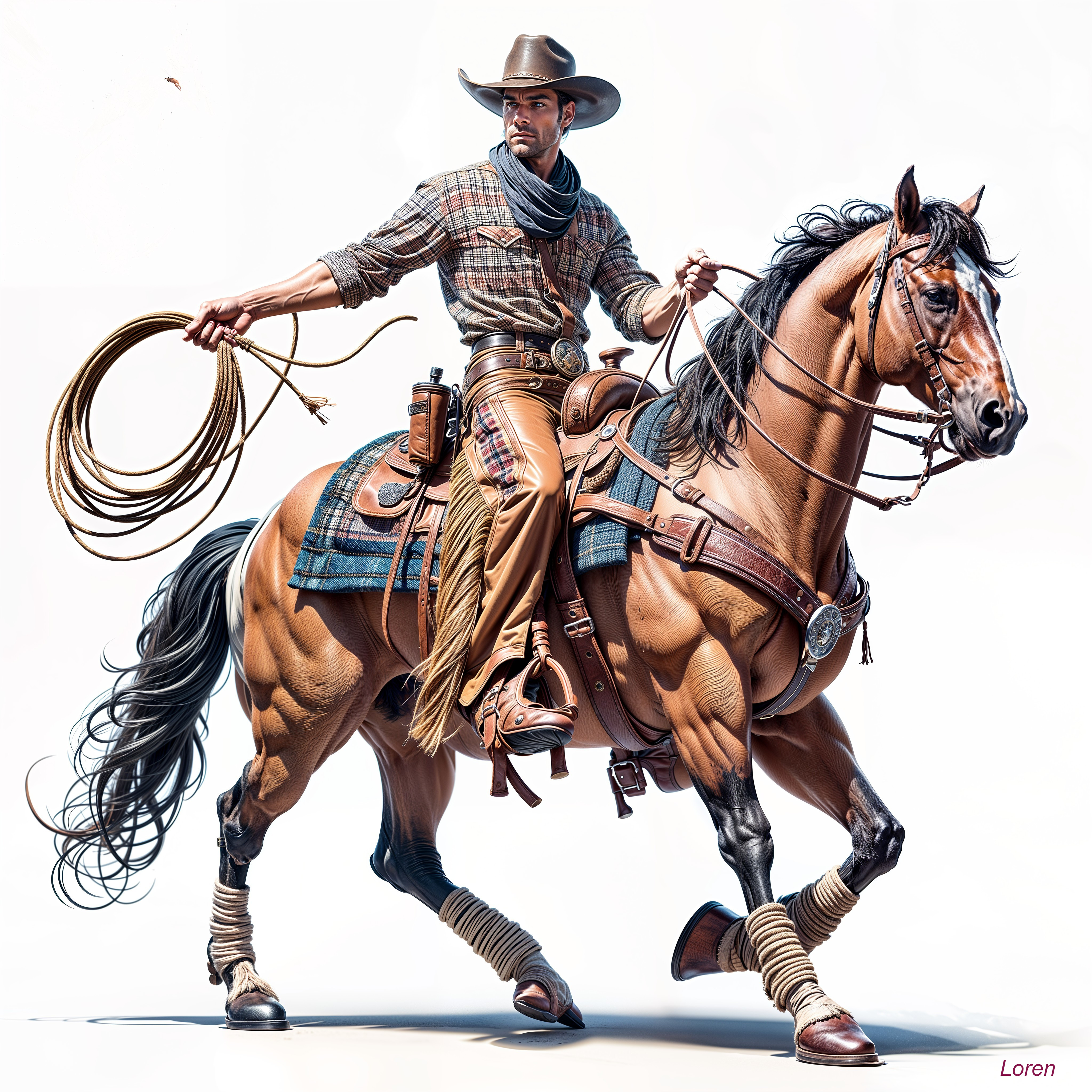 Cowboy Riding Muscular Horse with Lasso in Hand
