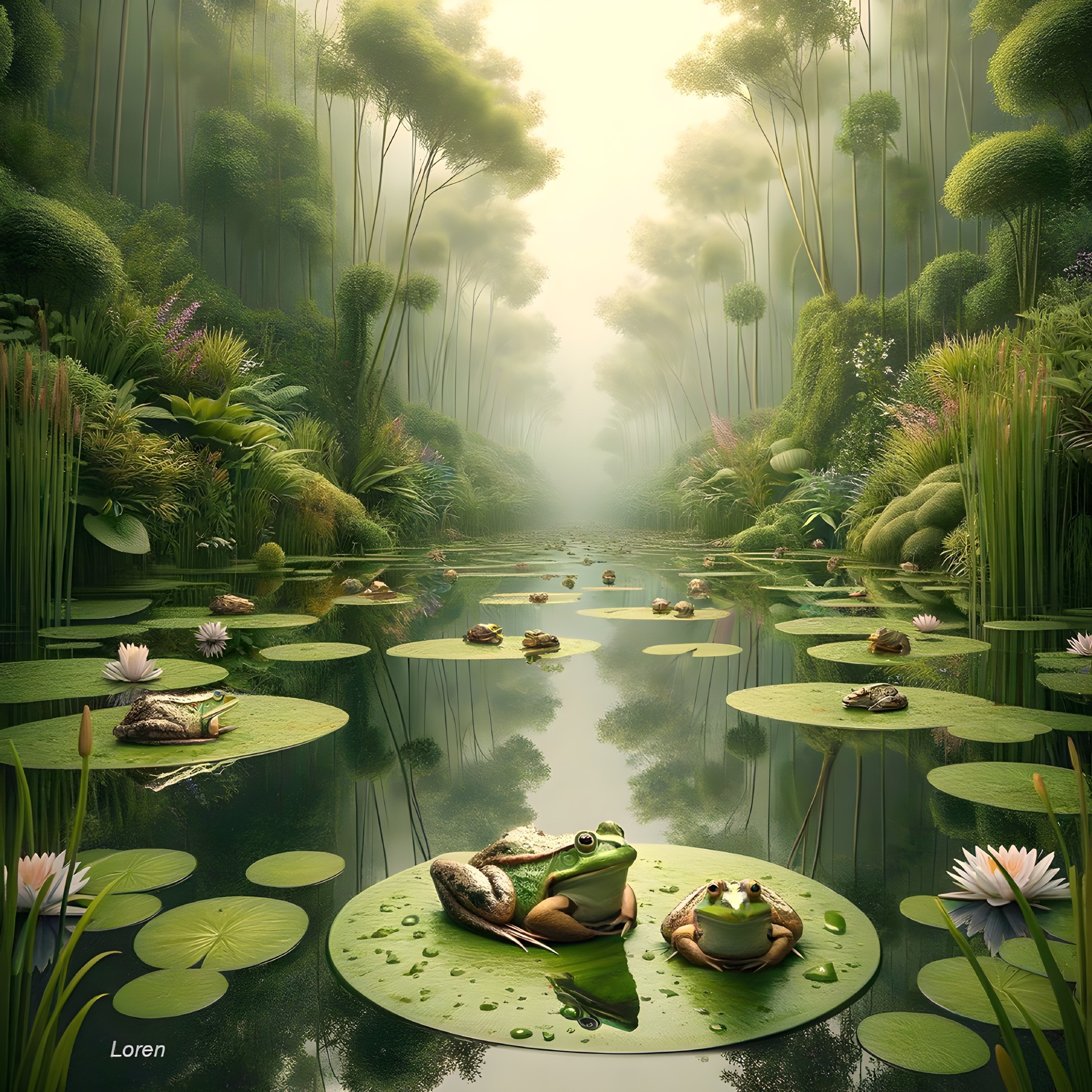Misty Forest with Tranquil Pond and Lily Pads