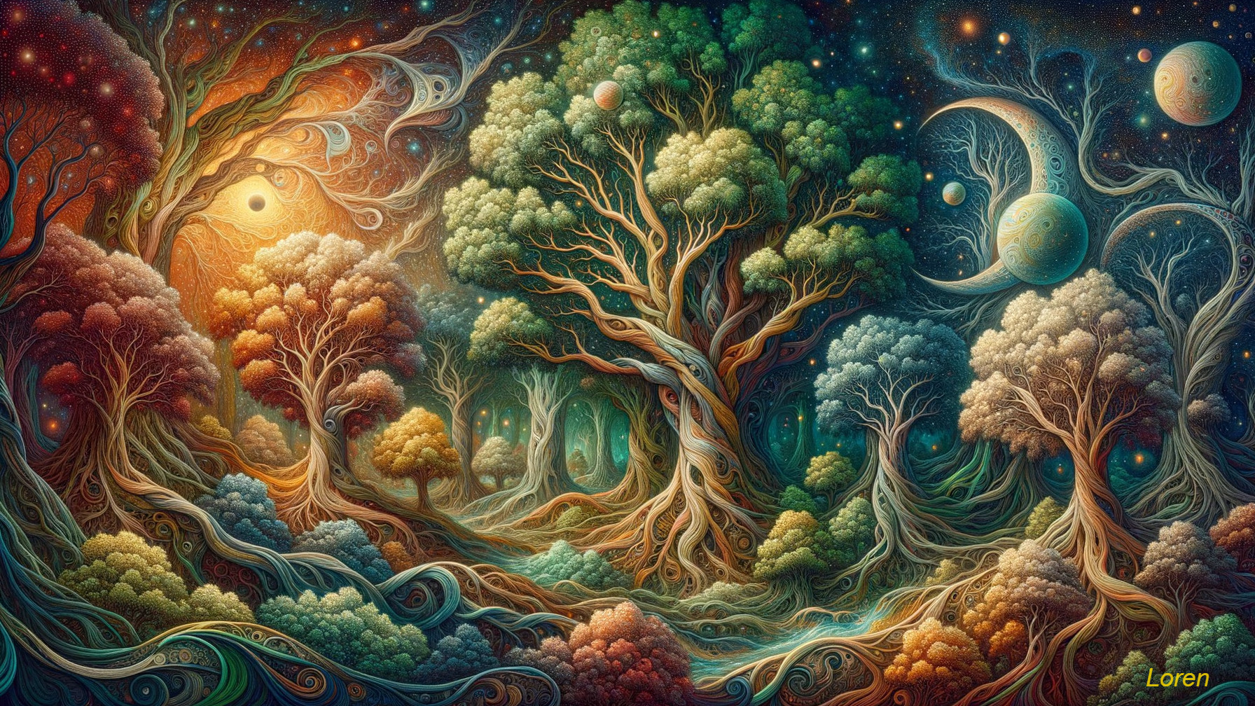 Vibrant Fantastical Landscape with Cosmic Elements