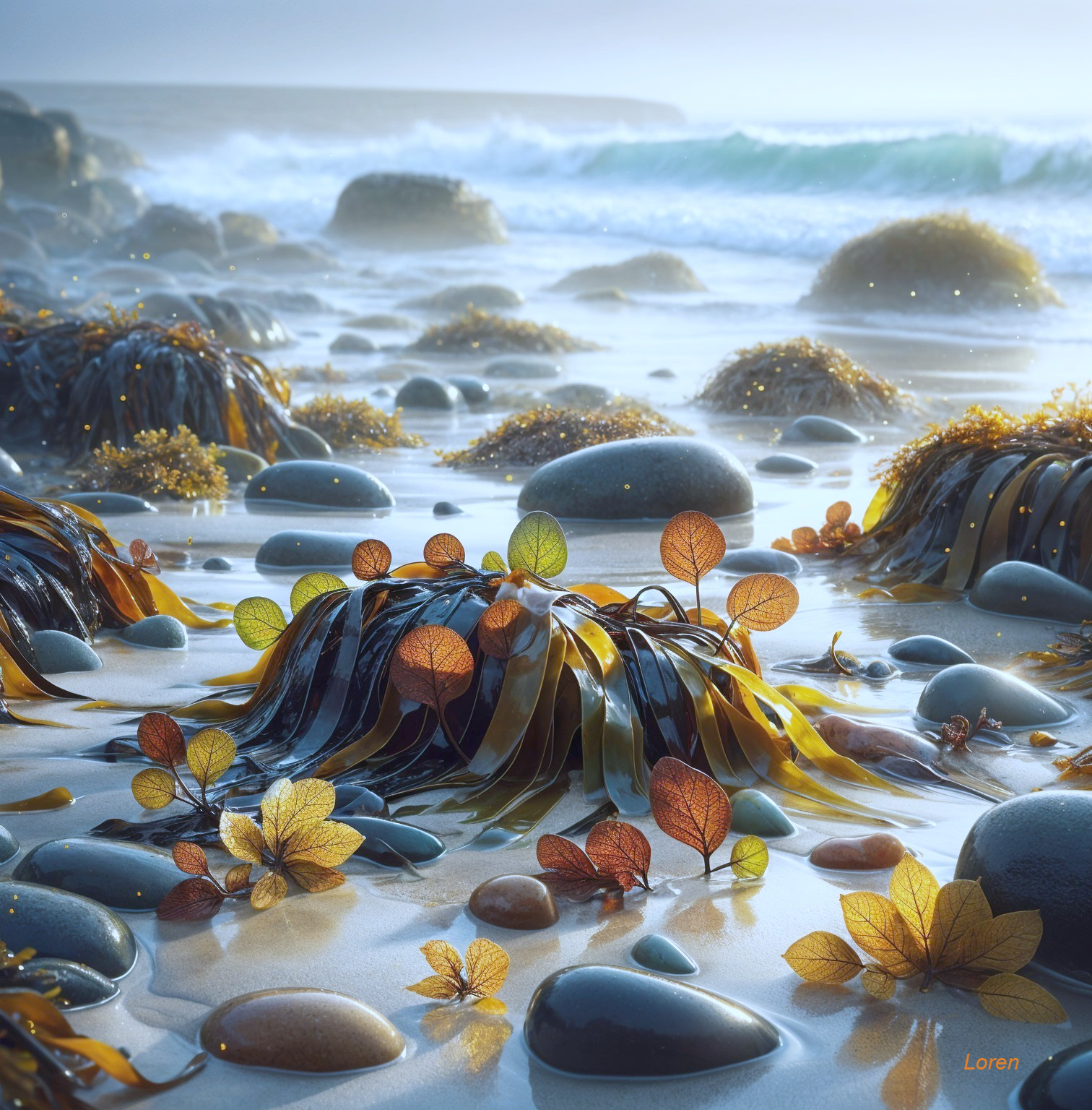 Serene Coastal Scene with Seaweed and Pebbles