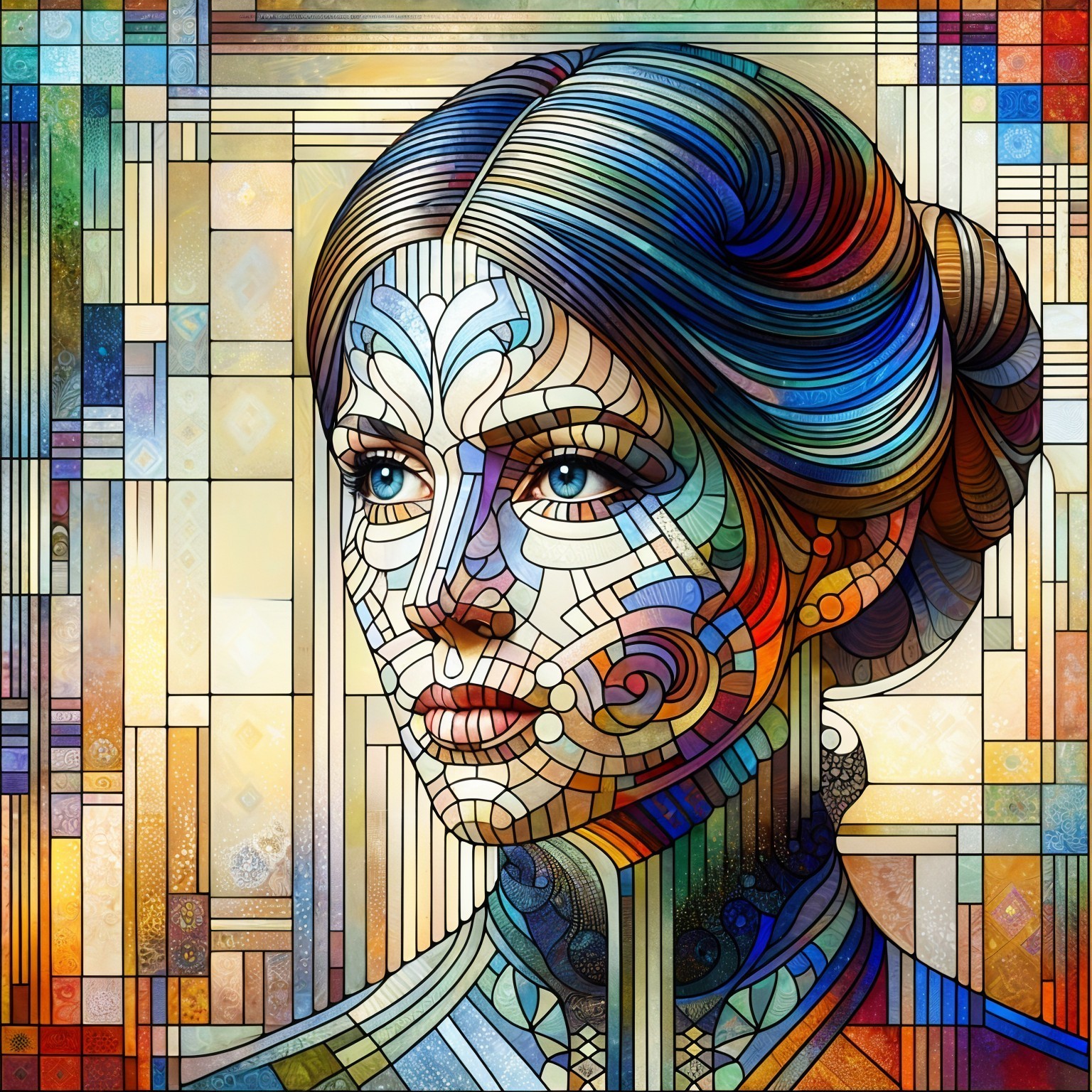 Stylized portrait of a woman in geometric patterns