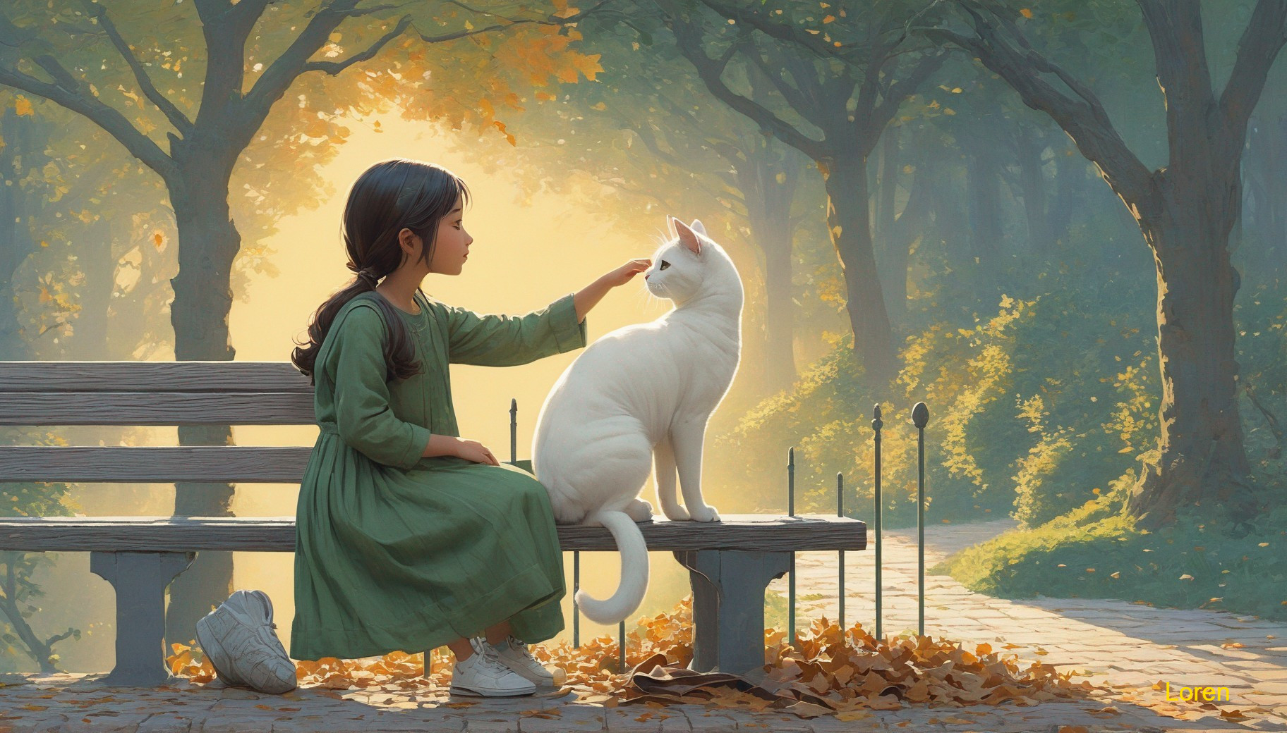 Young girl in green dress pets white cat in park