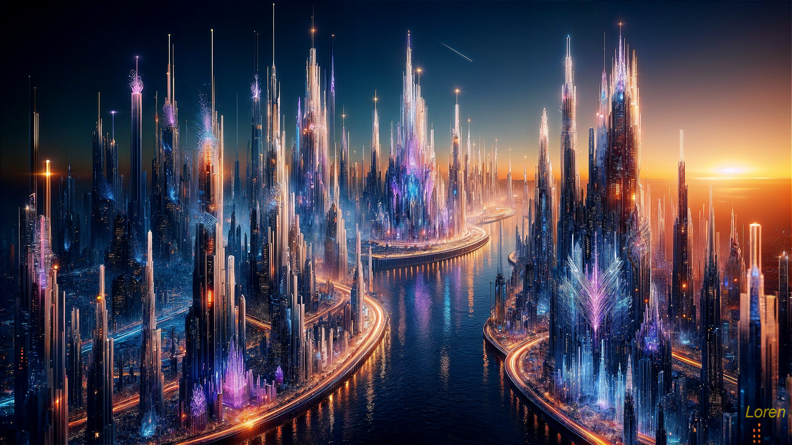 Futuristic Cityscape with Vibrant Lights and Skyscrapers