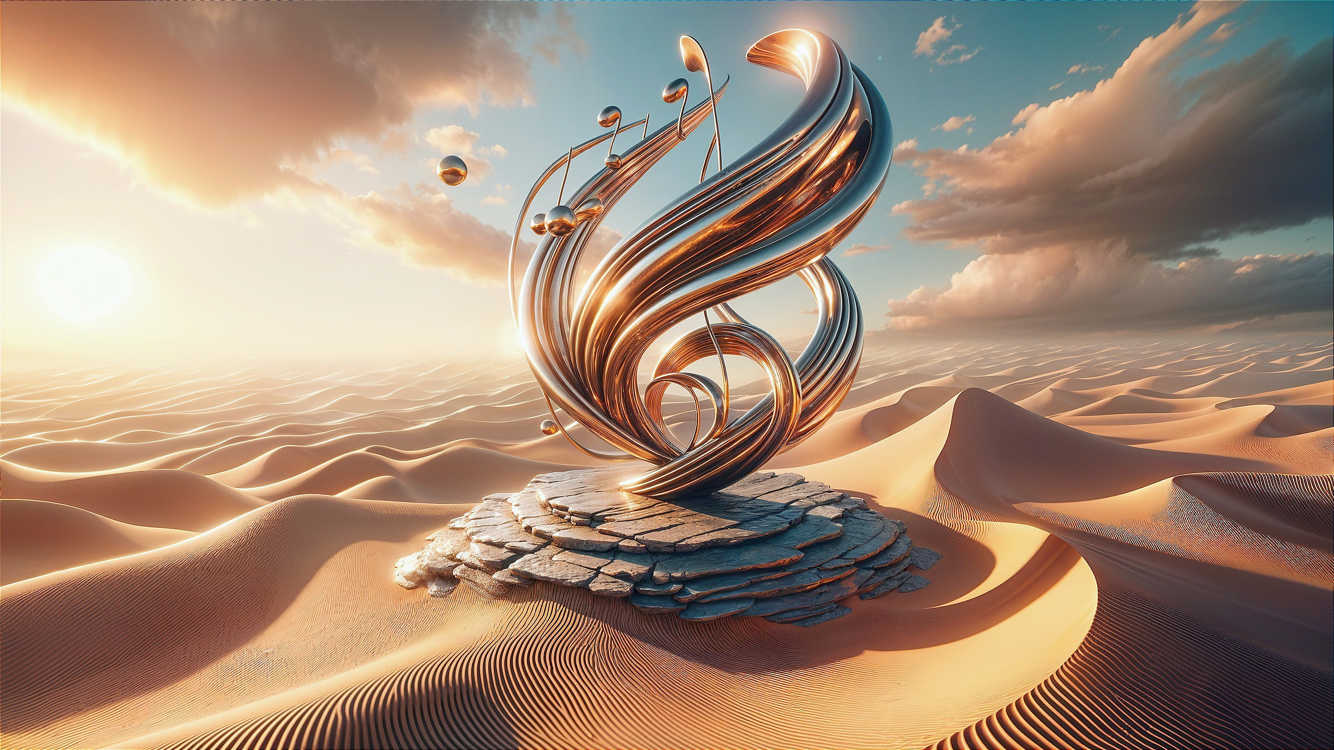Metallic Sculptures in Desert Landscape with Dunes