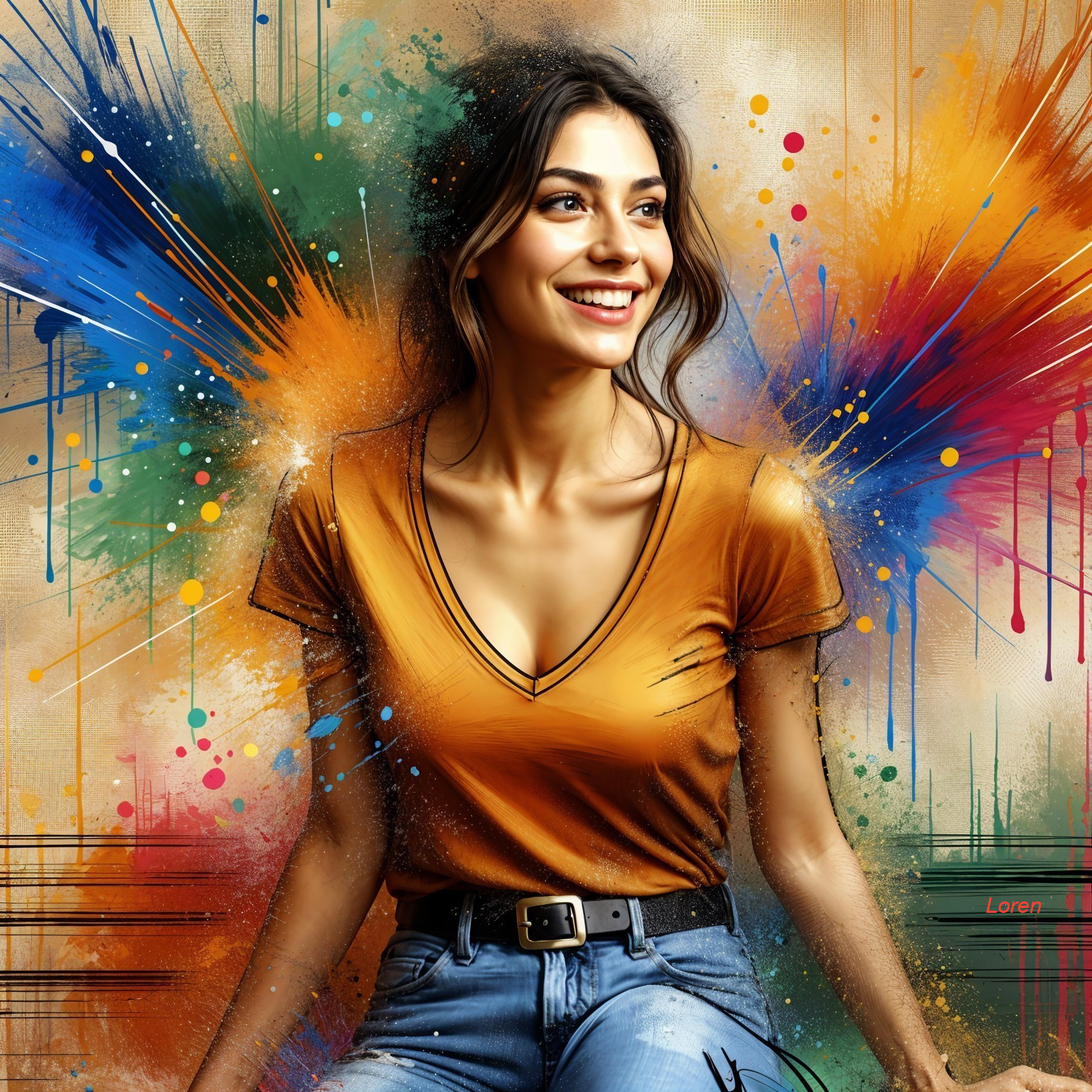 Cheerful Young Woman in Colorful Abstract Background