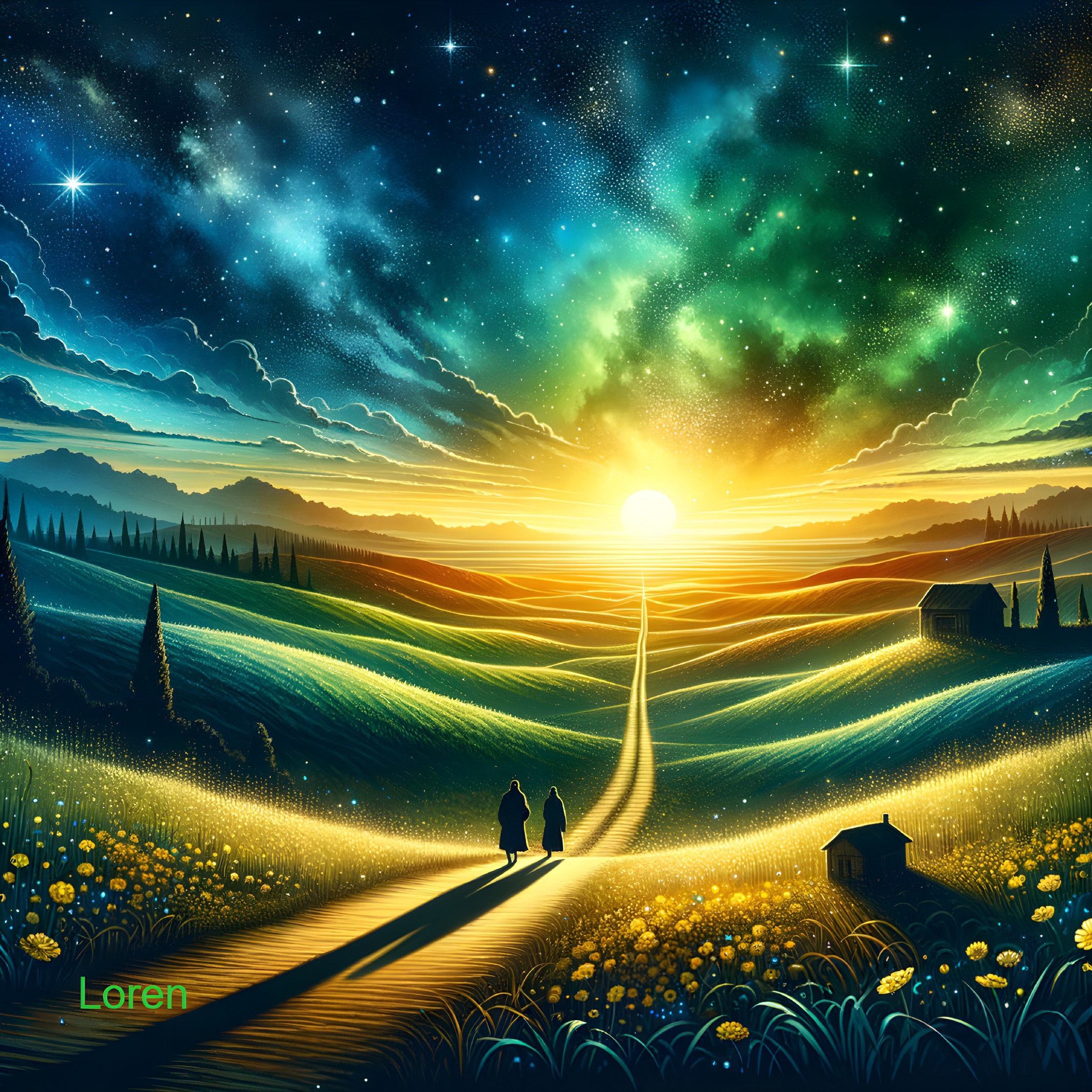 Figures Walking Hand in Hand Through a Colorful Landscape