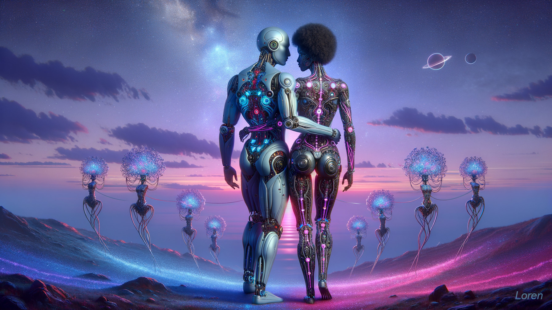 Humanoid Robots Embracing in a Futuristic Landscape