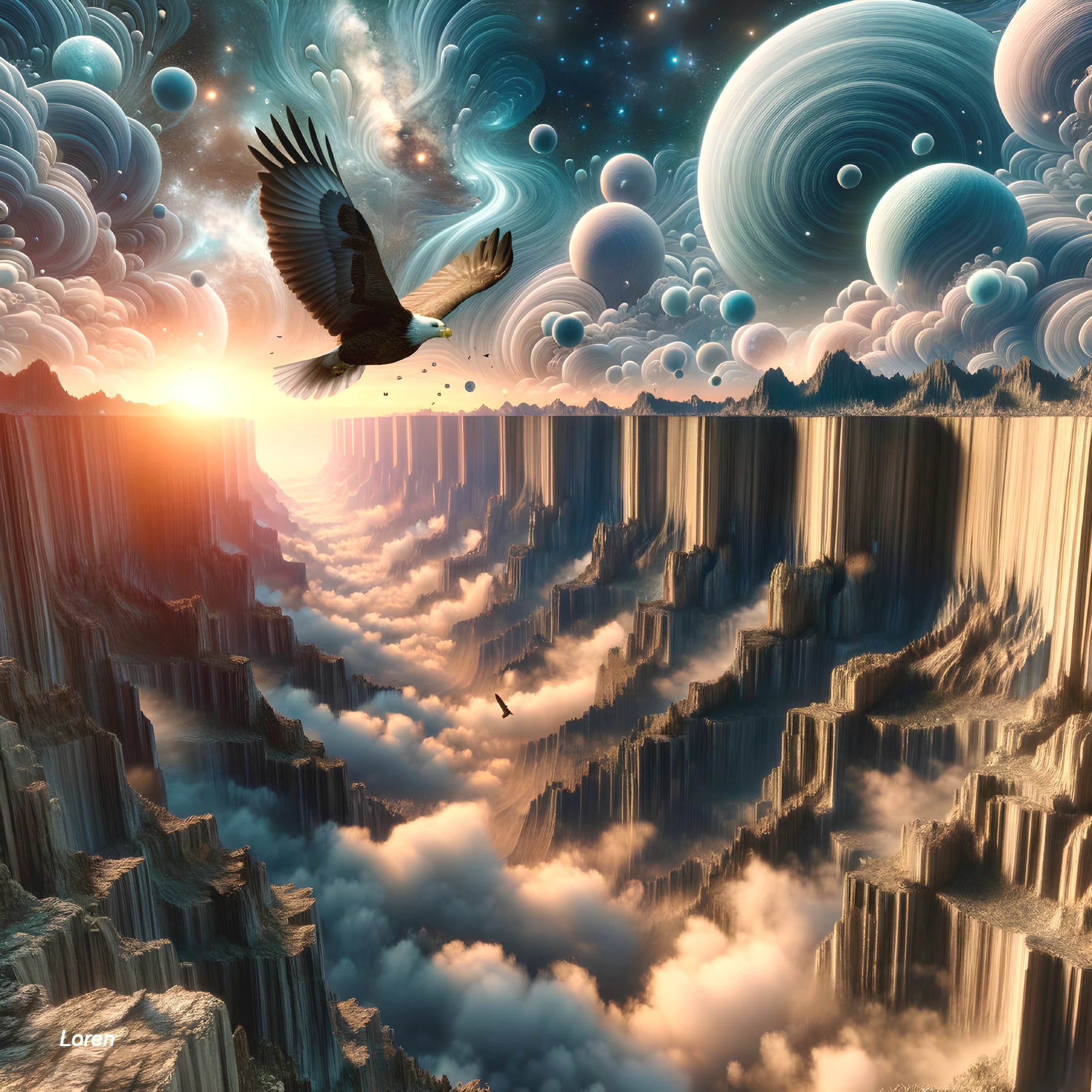 Surreal Landscape with Mountains, Canyons, and Sunset