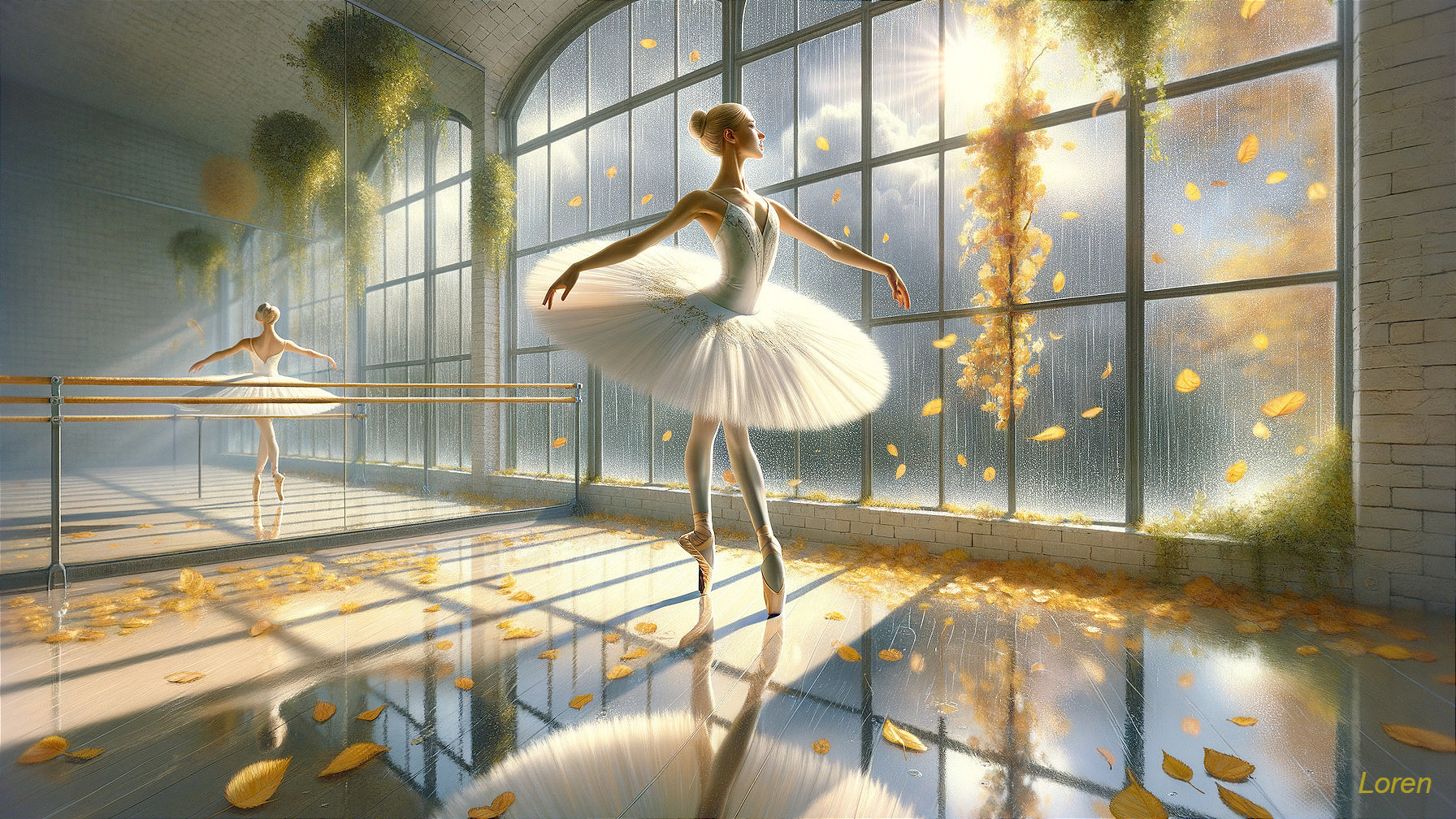 Serene ballet studio with dancers and autumn backdrop