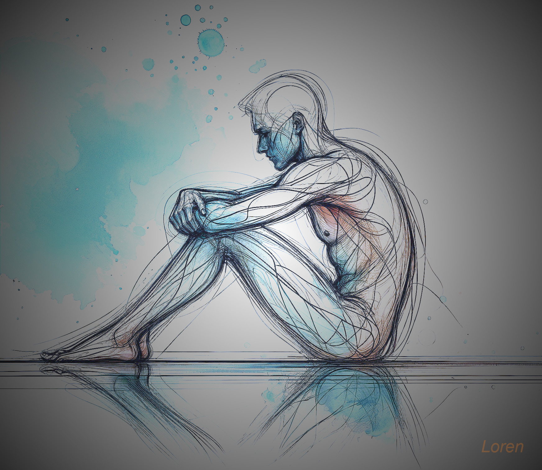 Stylized Figure in Blue and Black with Watercolor Background