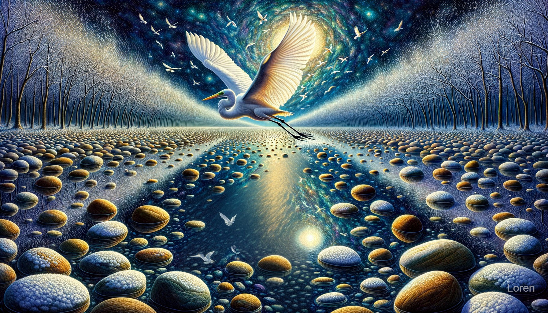 Surreal Landscape with Bird and Shimmering River