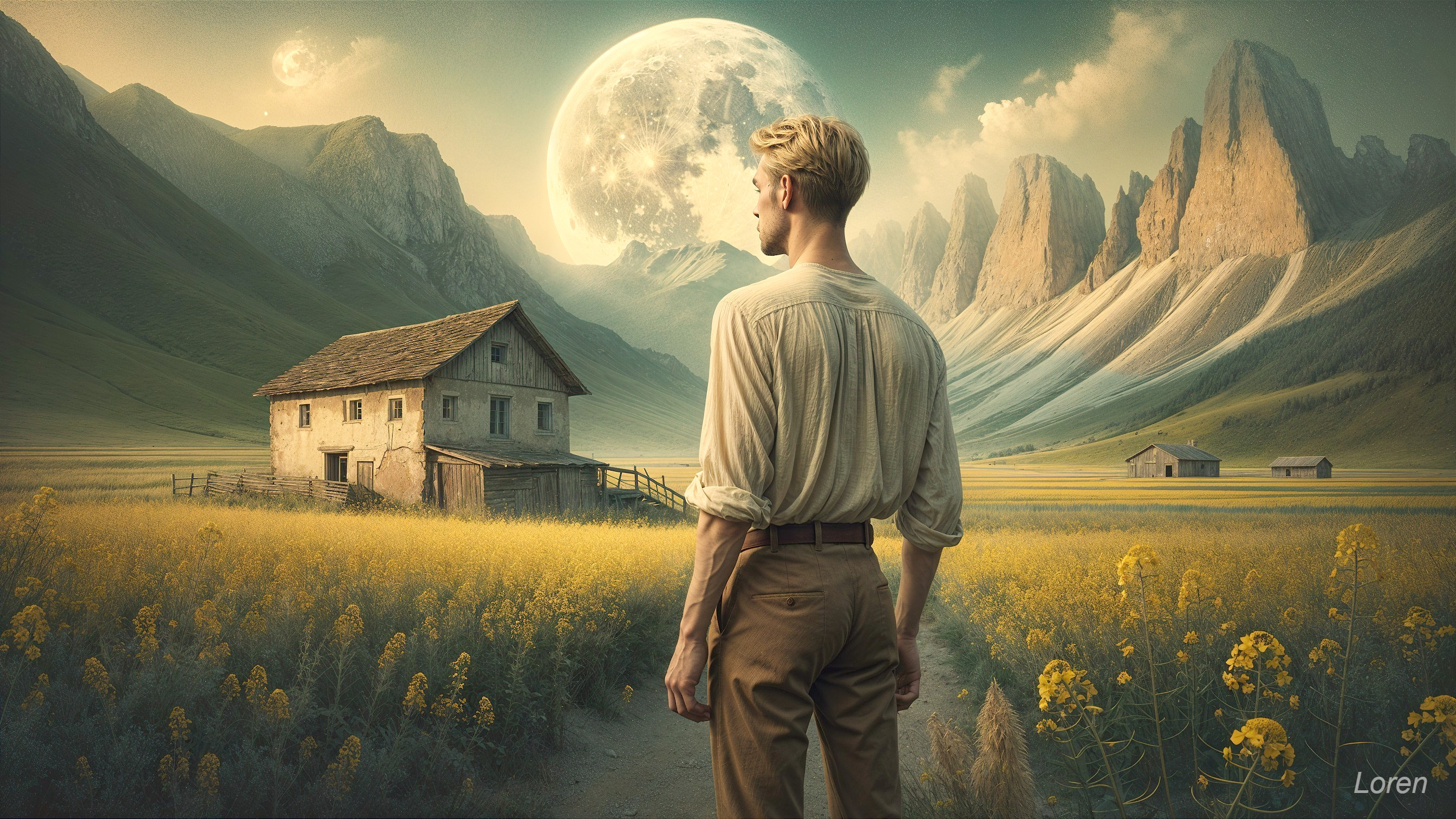 Man in Yellow Field with Distant House and Mountains