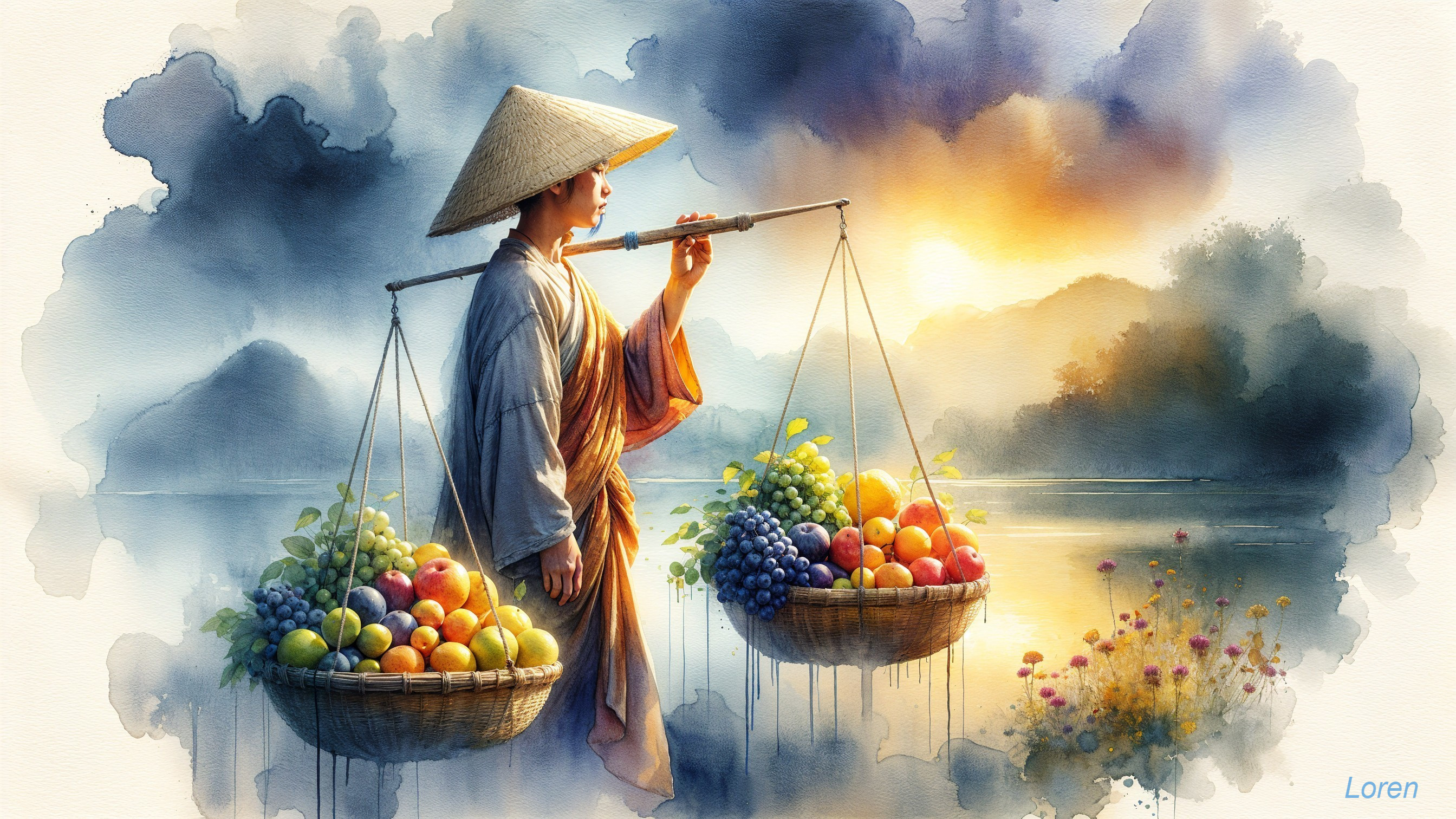 Watercolor Scene of a Person with Fruit Baskets
