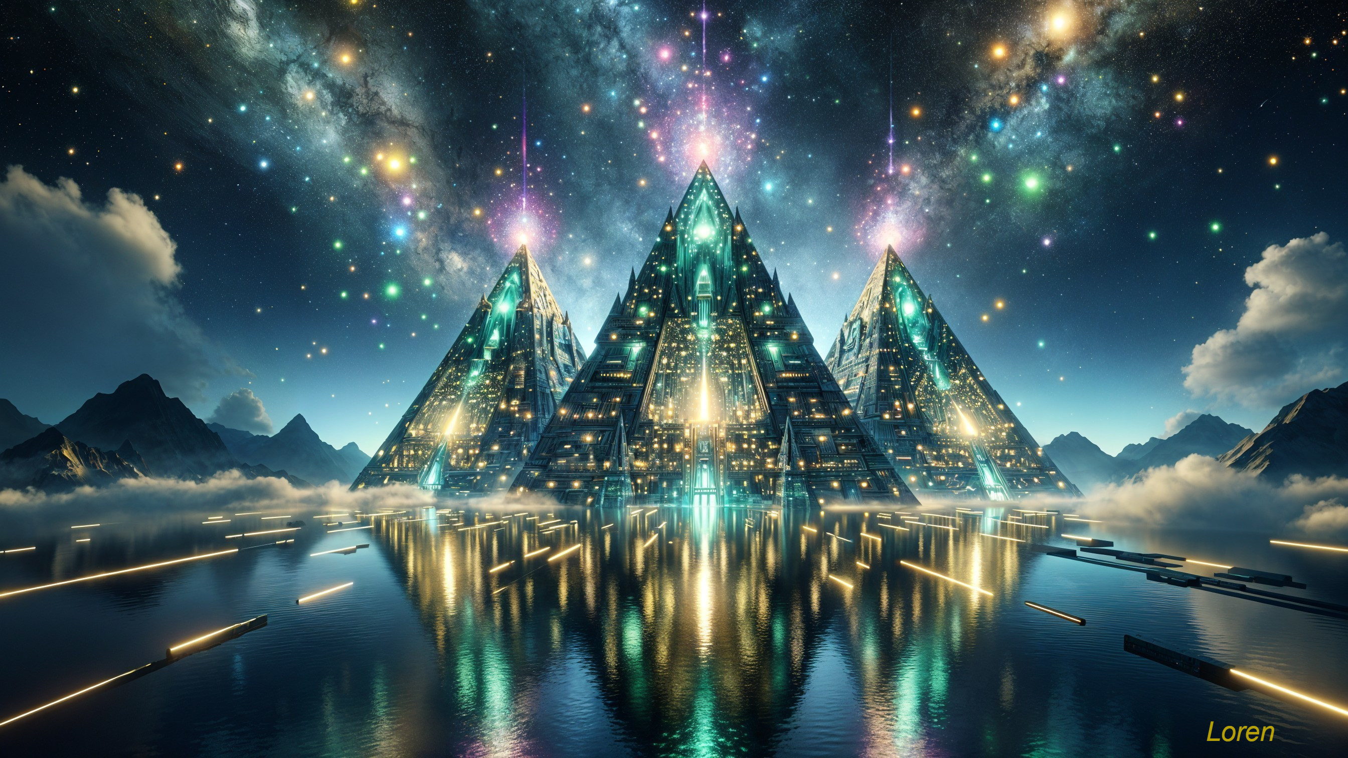 Futuristic landscape with illuminated pyramids and stars
