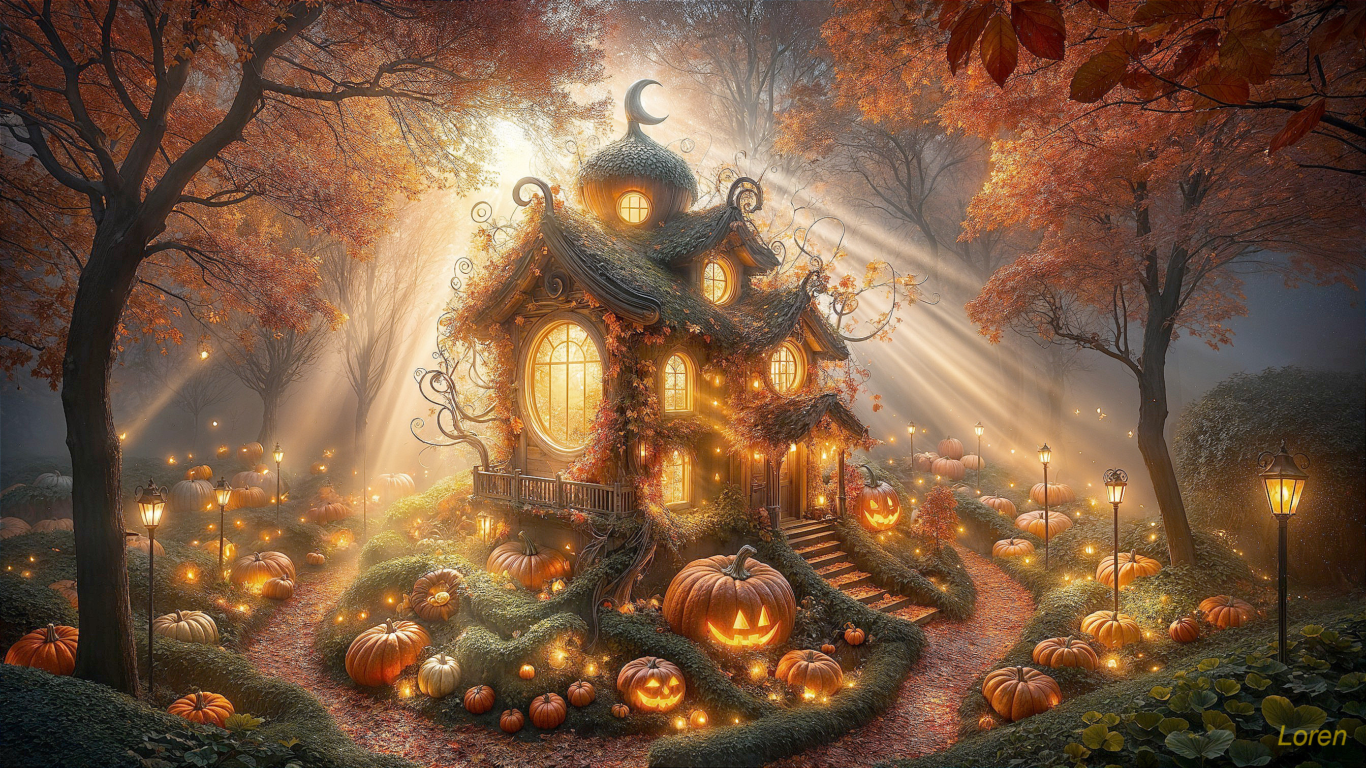Whimsical Cottage in Enchanted Autumn Forest
