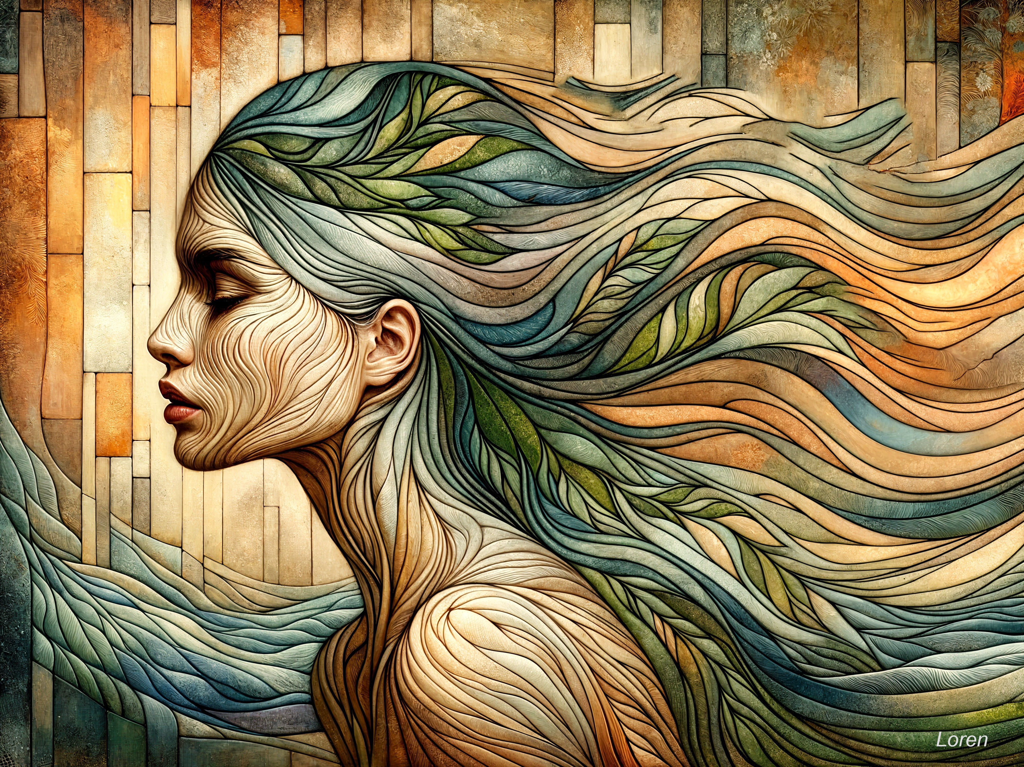 Stylized Portrait of Woman with Leaves and Geometric Shapes
