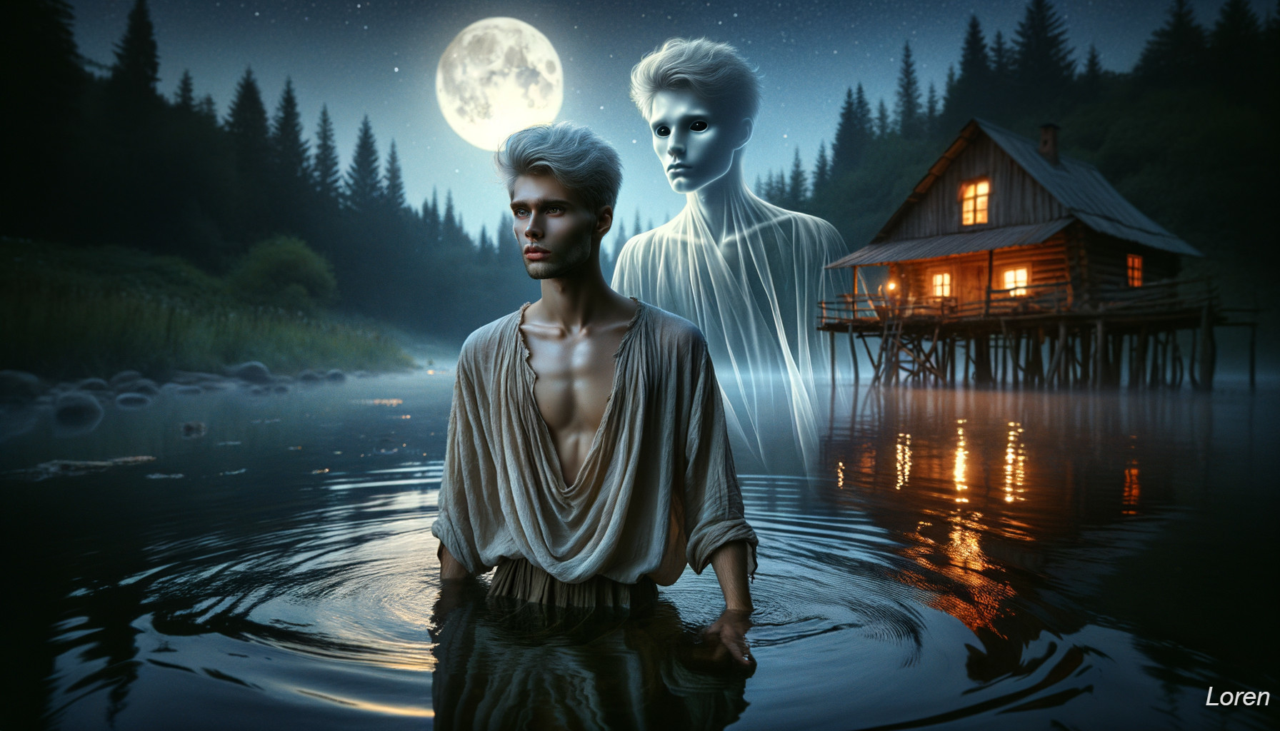 Moonlit Encounter by the Lake