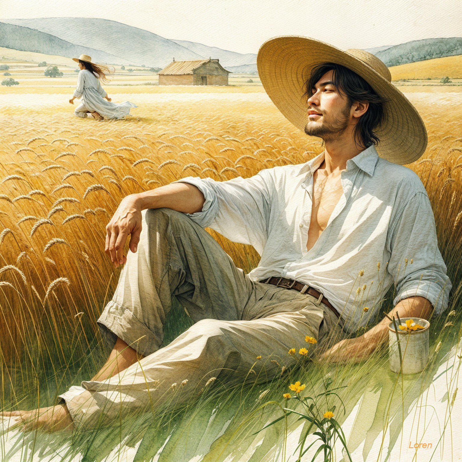 Young man in wheat field with woman in flowing dress