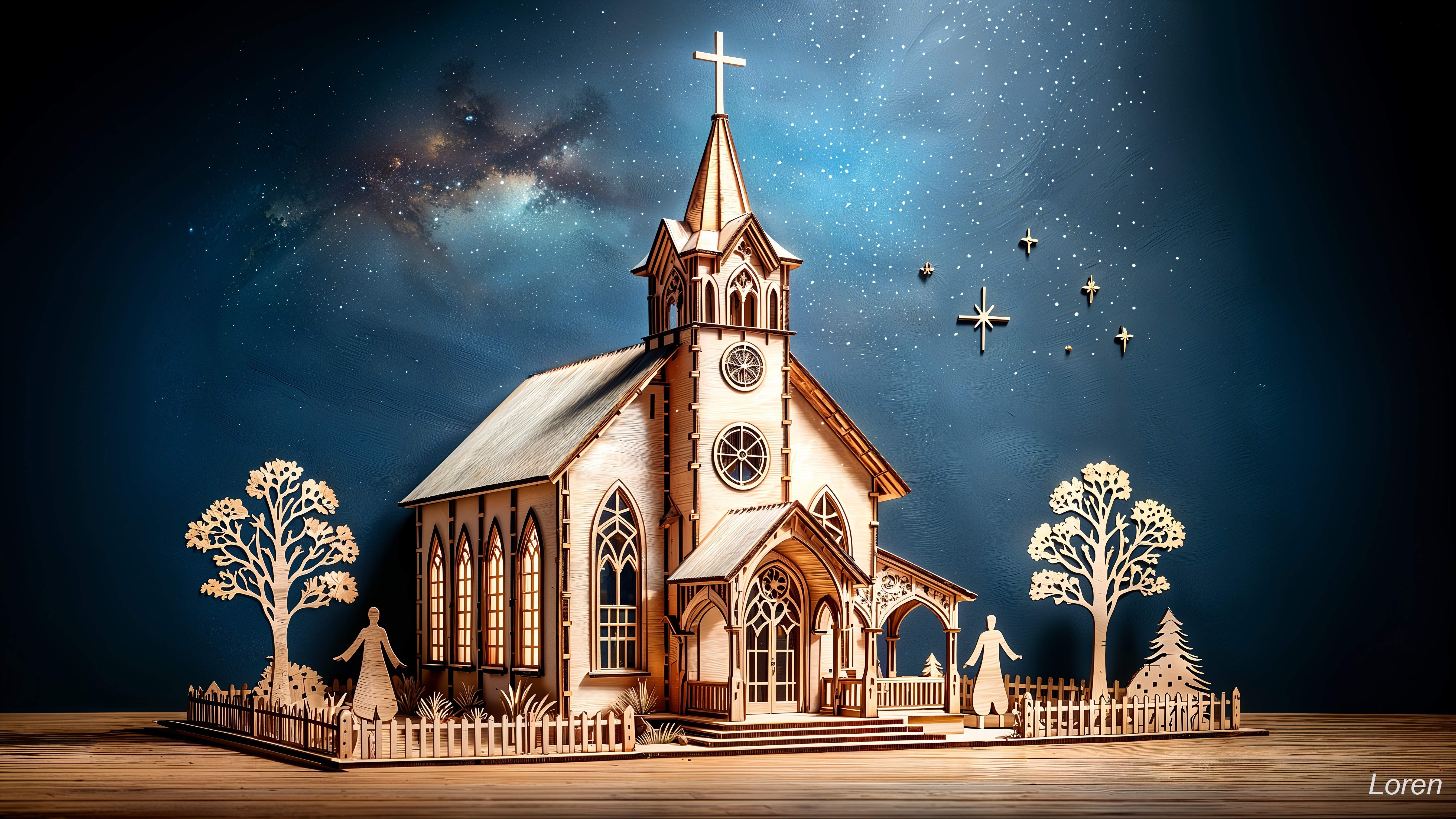 Intricate Wooden Church Model with Starry Night Sky