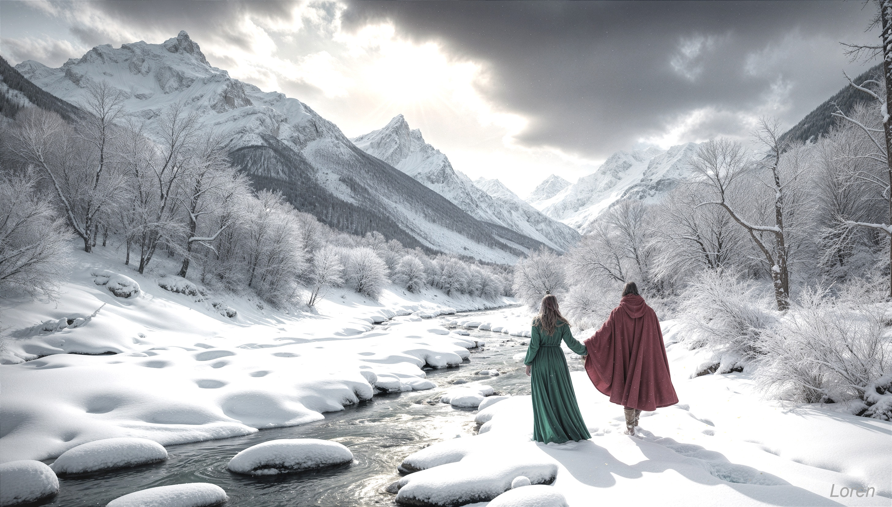 Couple in Snowy Landscape by Flowing River