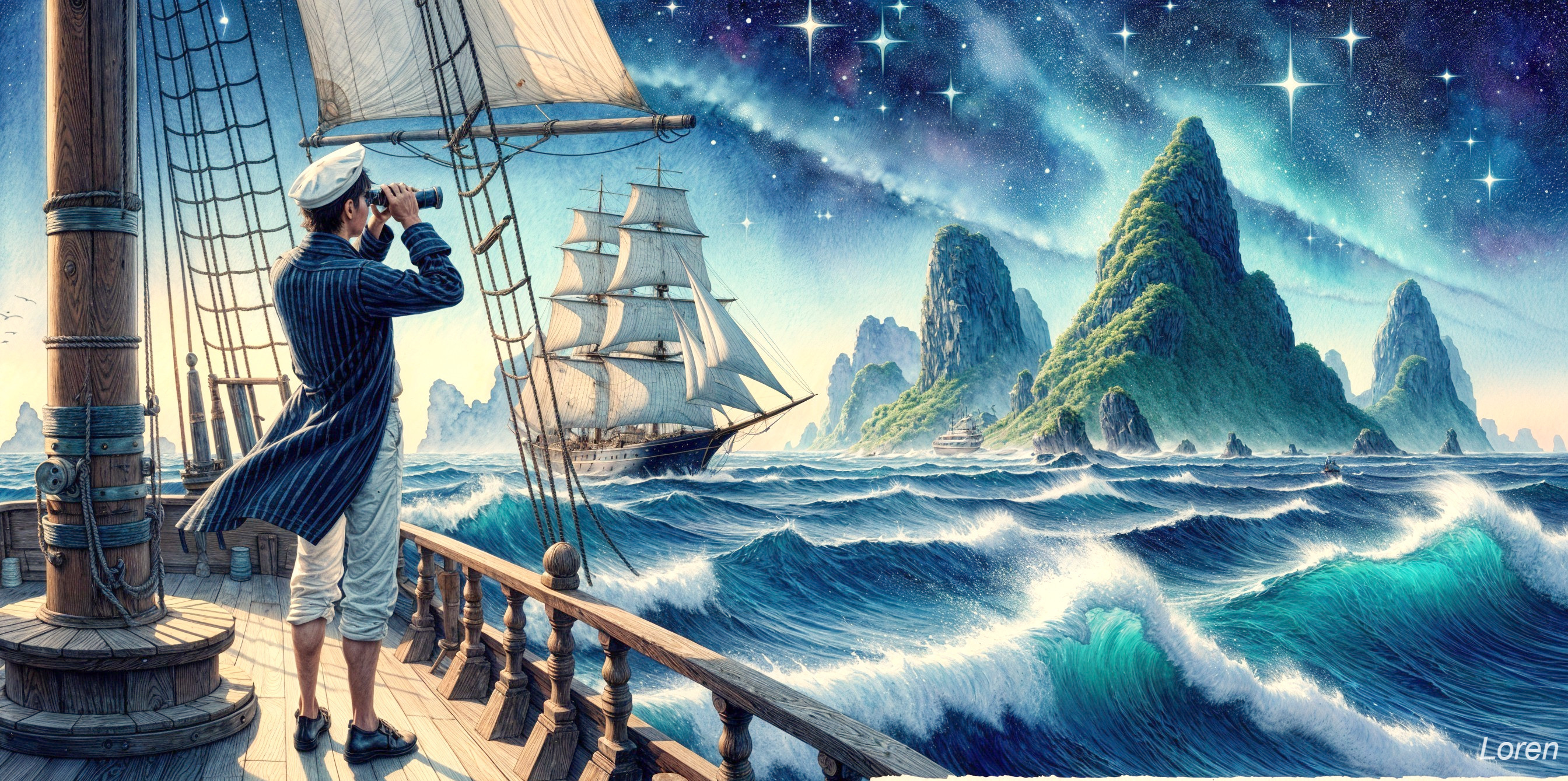 Sailor on Ship Observing Seascape and Starry Sky