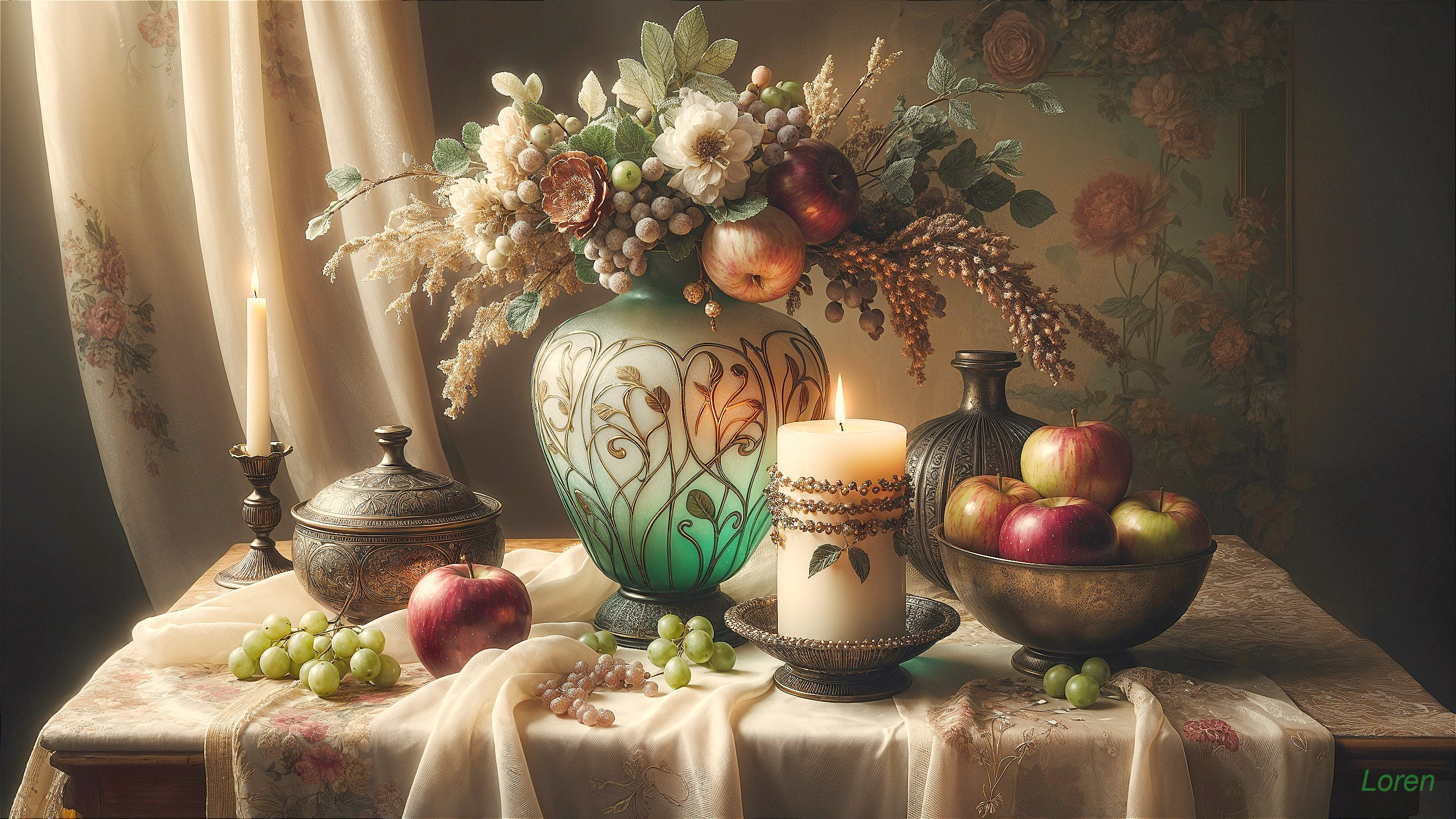 Elegant Still Life with Flowers and Fresh Fruit