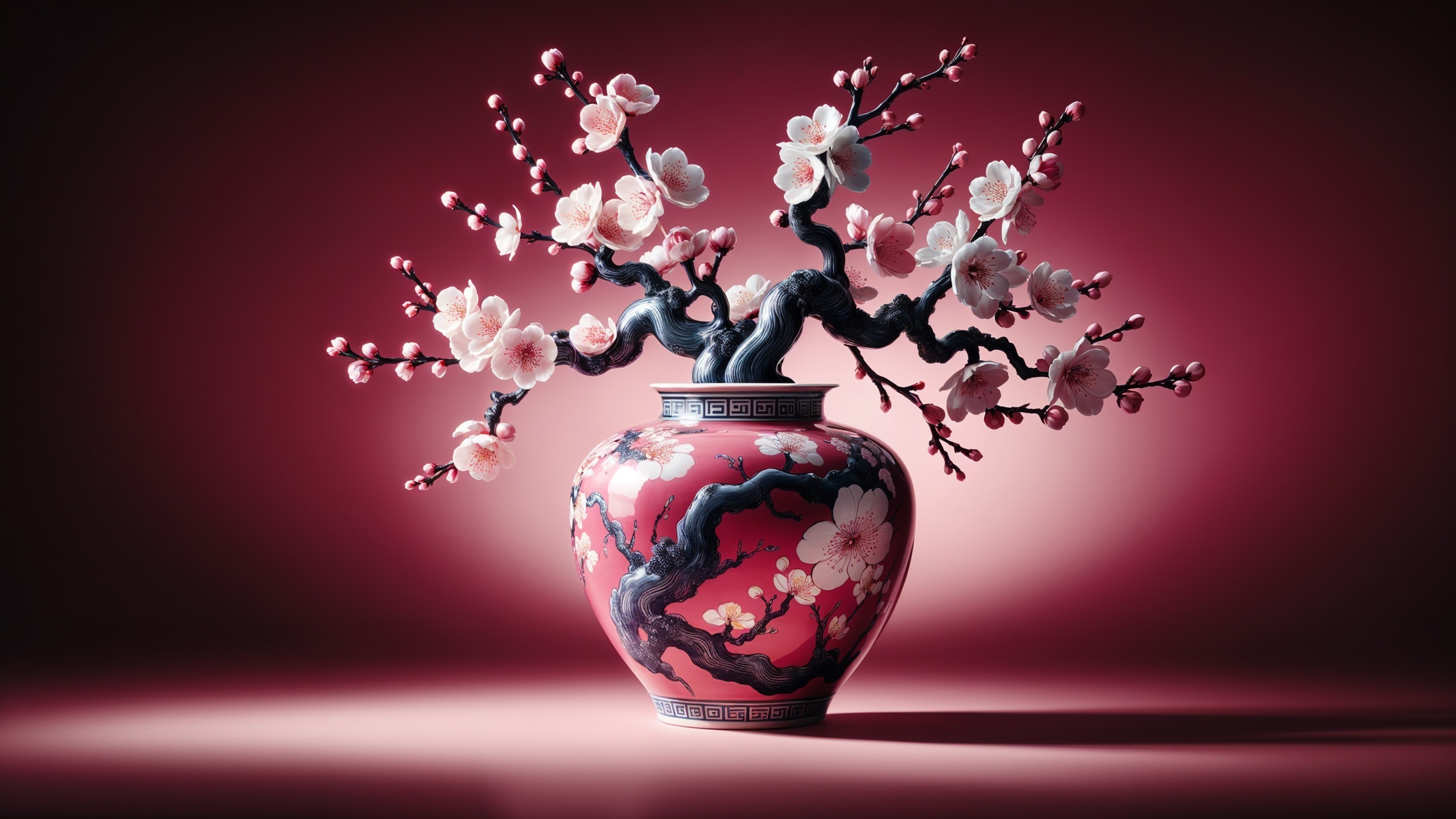 Porcelain vase with cherry blossoms on red background