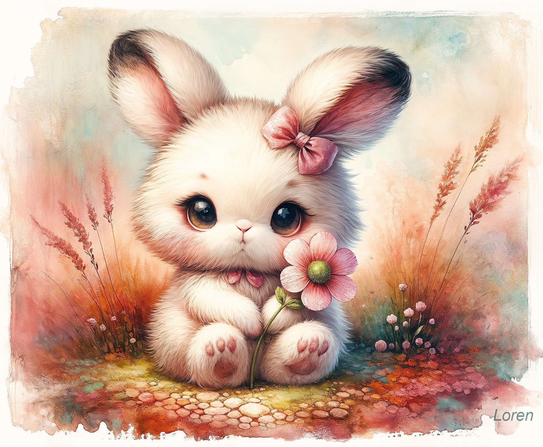 Fluffy White Bunny in a Colorful Meadow Scene