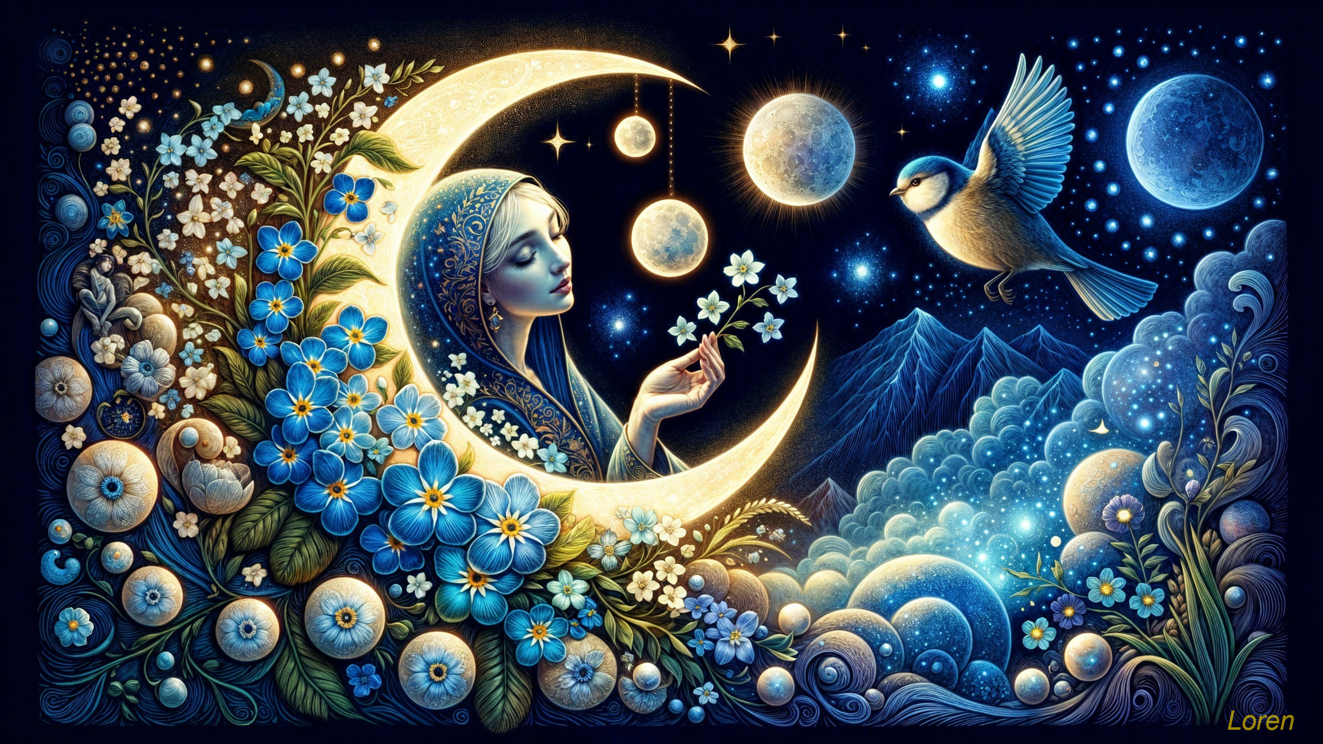 Celestial Scene with Woman in Crescent Moon and Flowers