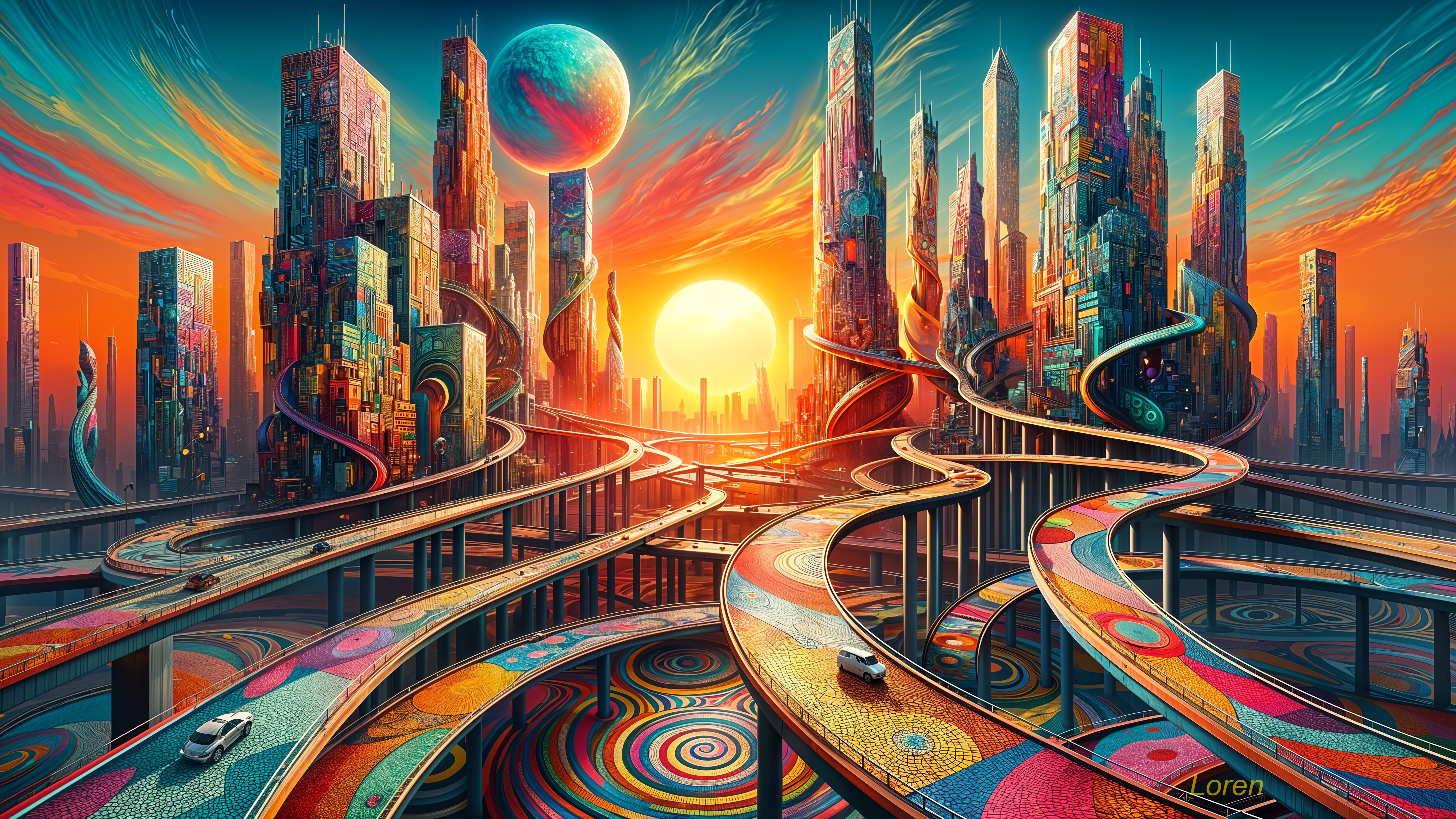 Futuristic cityscape with colorful sunset and planets