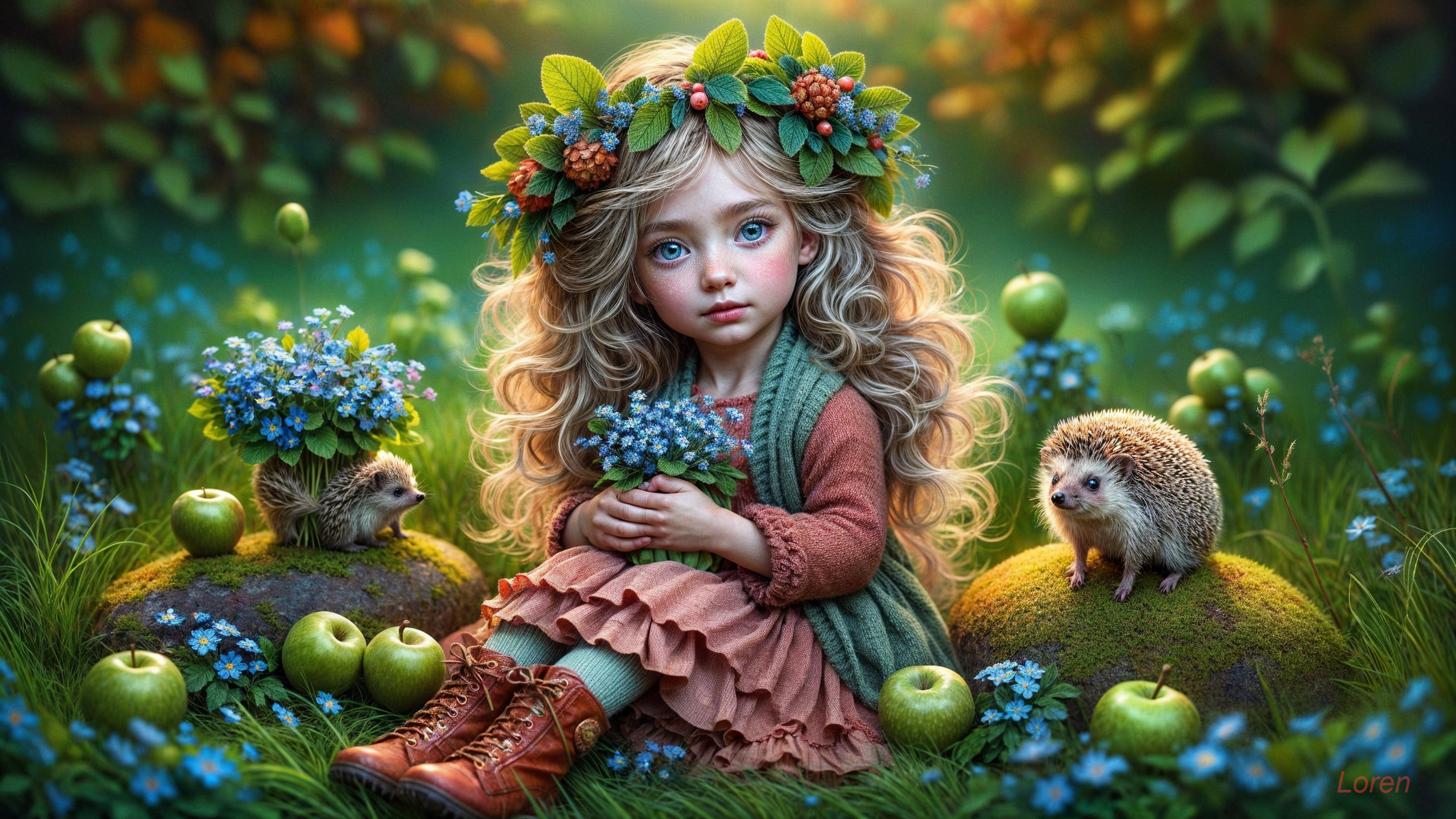 Whimsical Forest Scene with a Young Girl and Hedgehogs