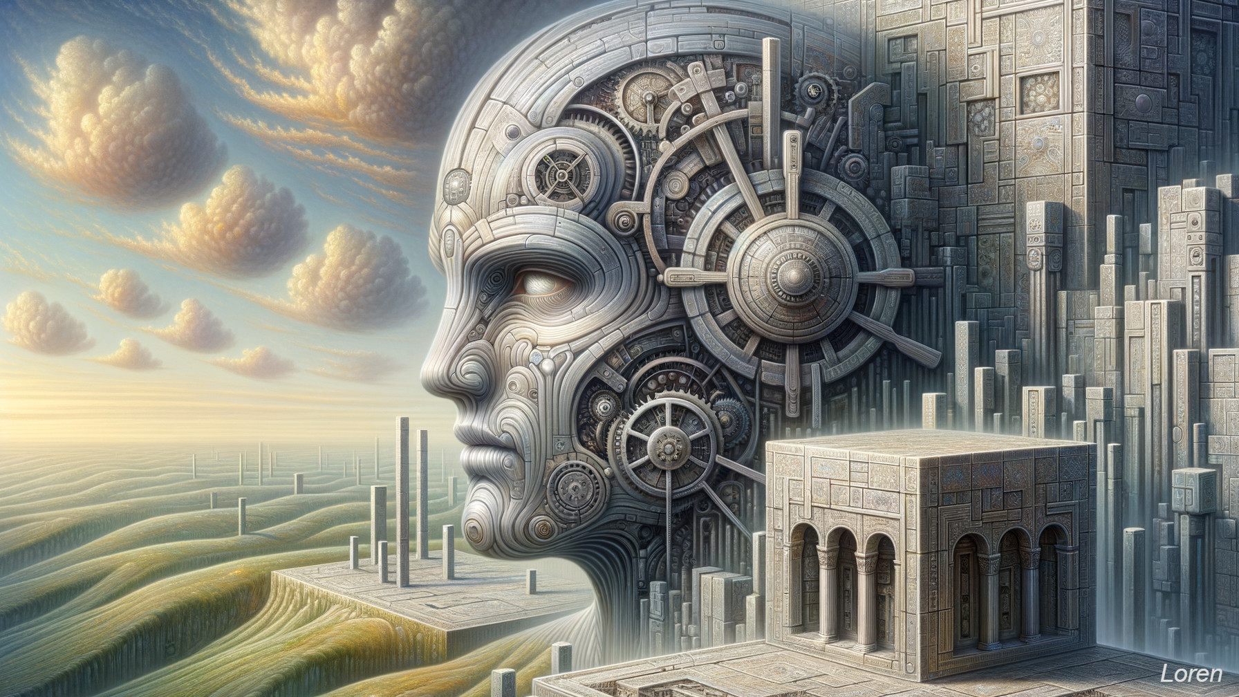 Surreal Landscape with Mechanical Head and Geometric Forms