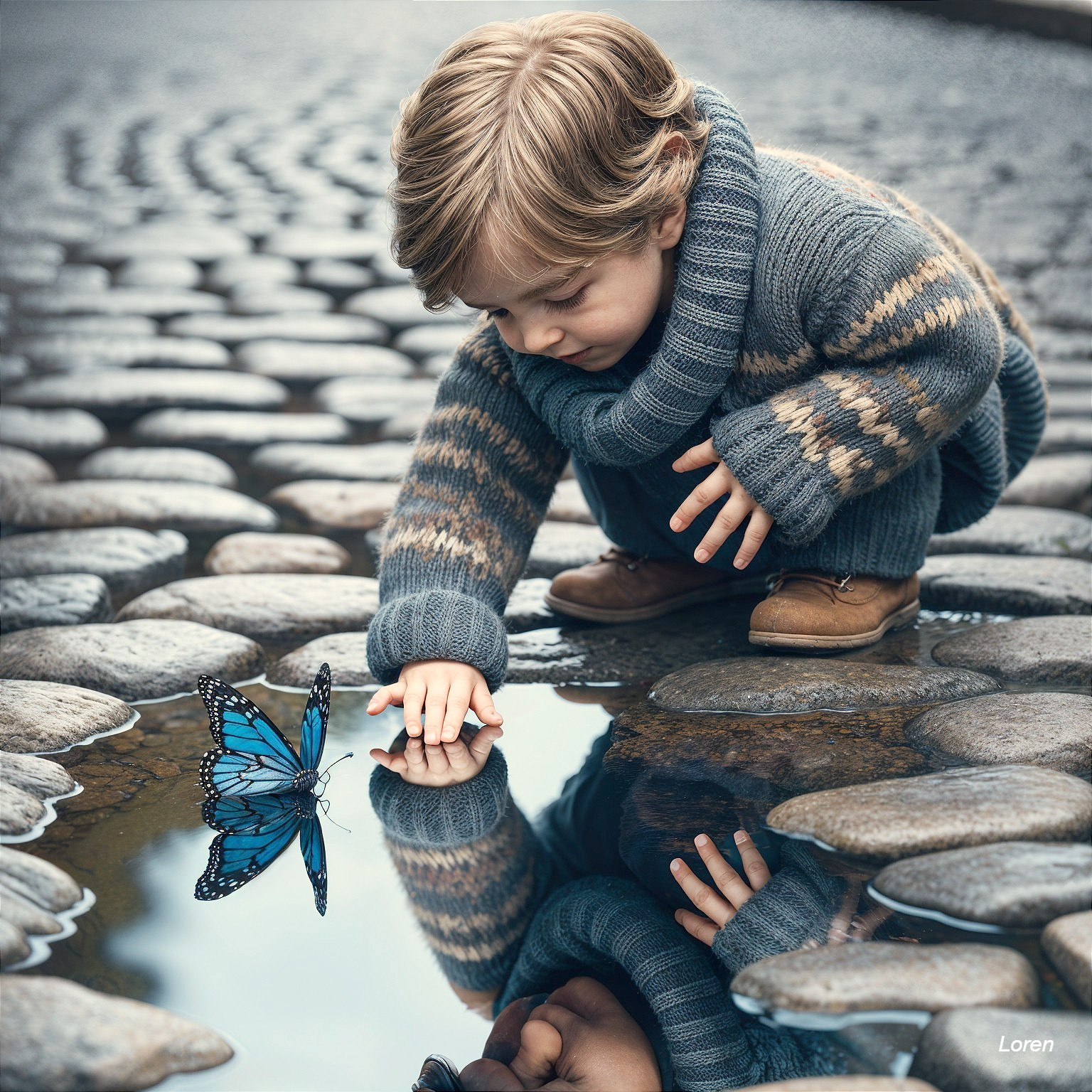 Child in sweater kneels by puddle with butterfly reflection