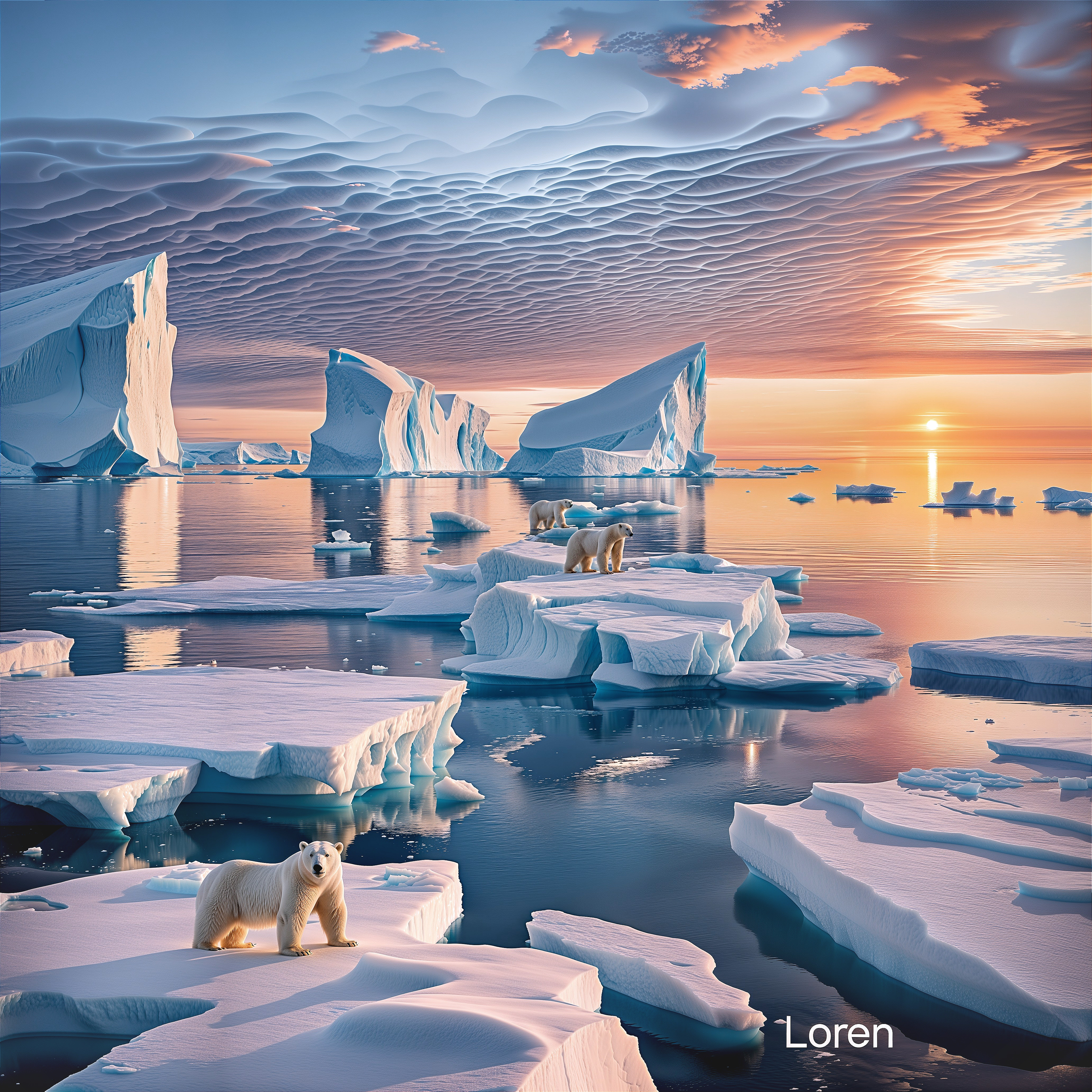 Serene Arctic Landscape with Polar Bears at Sunset