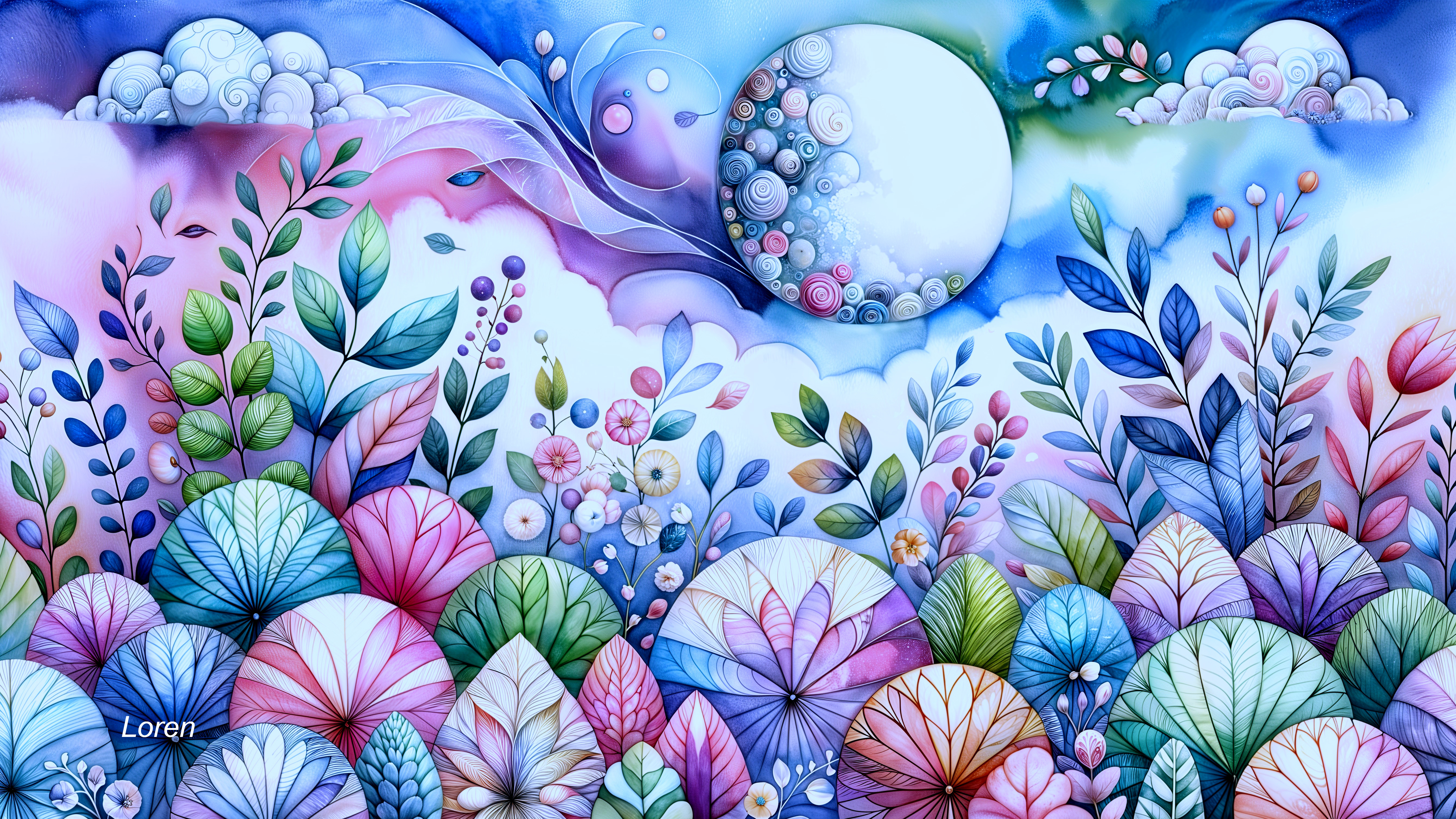 Whimsical Illustration of Colorful Leaves and Clouds