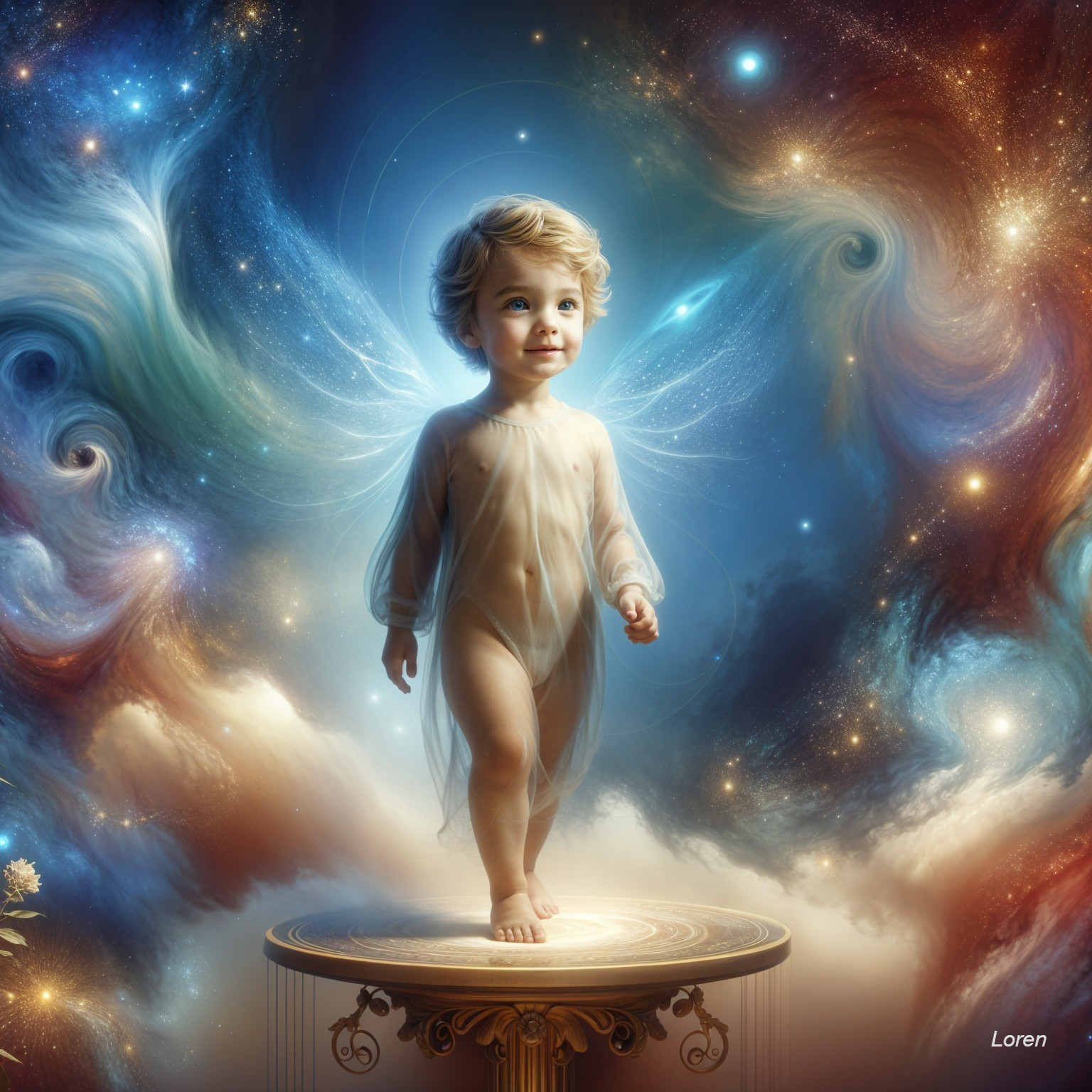 Whimsical Child with Wings in Cosmic Landscape